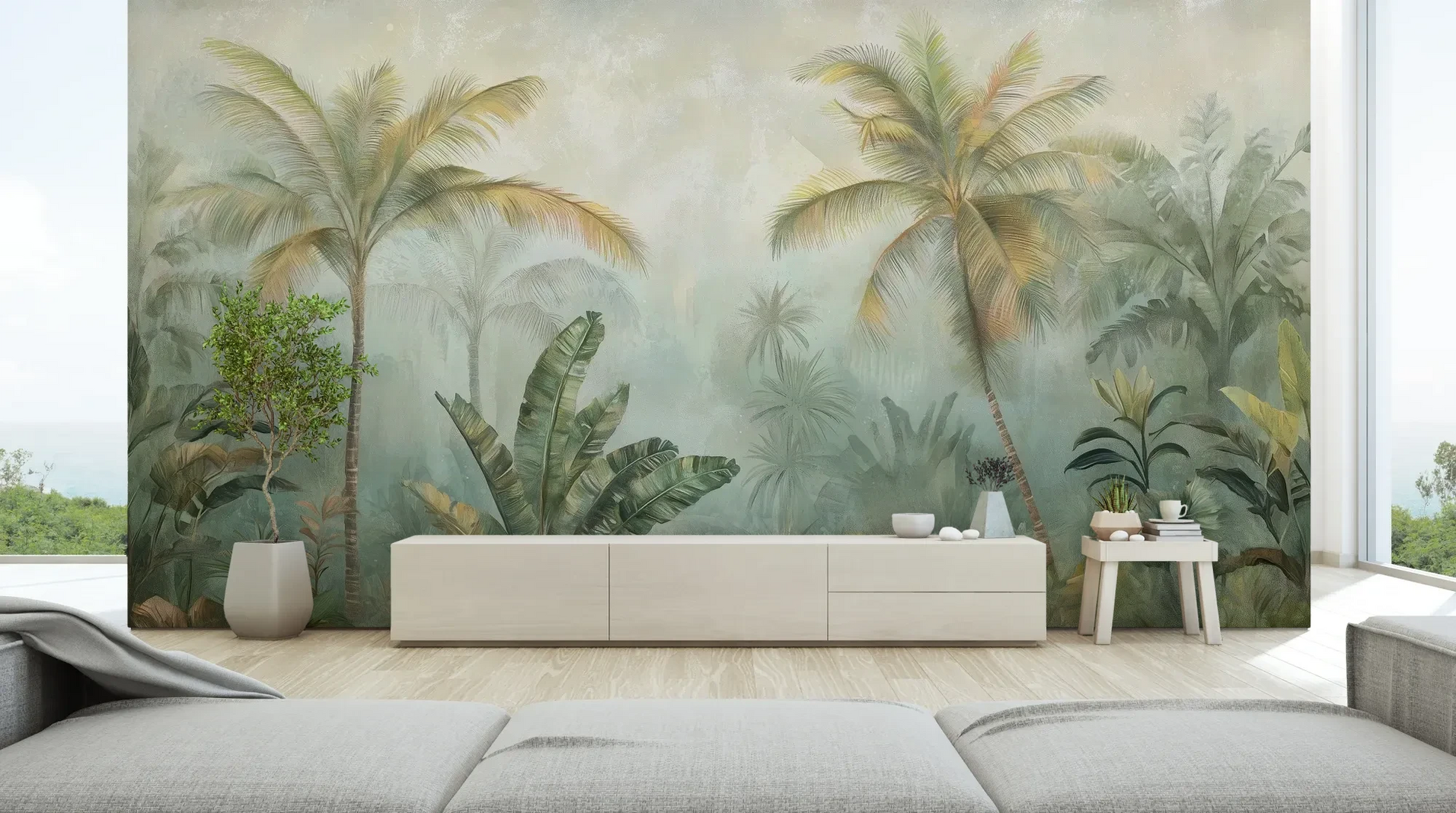 Wzór fototapety MISTY TROPICANA - tapeta z tropikalną dżunglą we mgle pokazanej w aranżacji salonu.