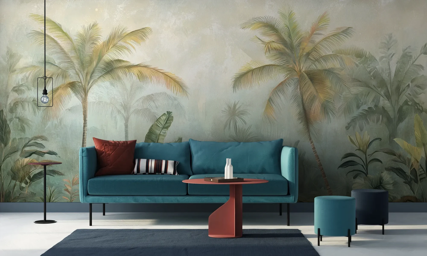 Wzór fototapety MISTY TROPICANA - tapeta z tropikalną dżunglą we mgle pokazanej w aranżacji salonu.