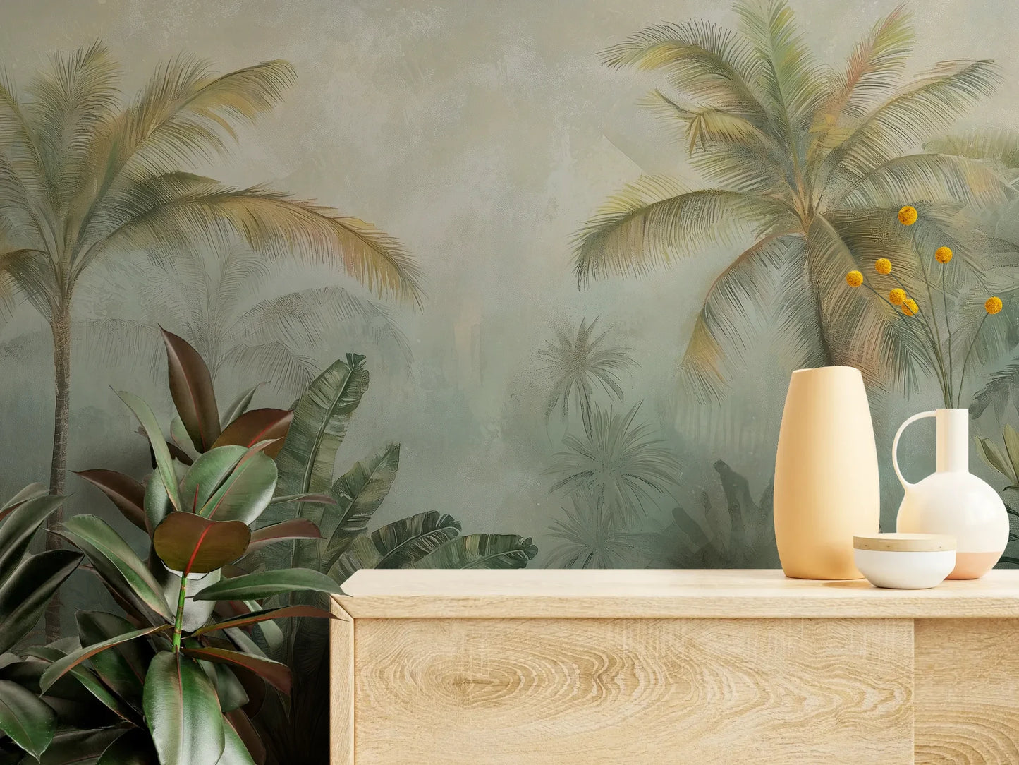 Fototapeta MISTY TROPICANA - tapeta z tropikalną dżunglą we mgle pokazana w aranżacji wnętrza z akcentem na ścianie.
