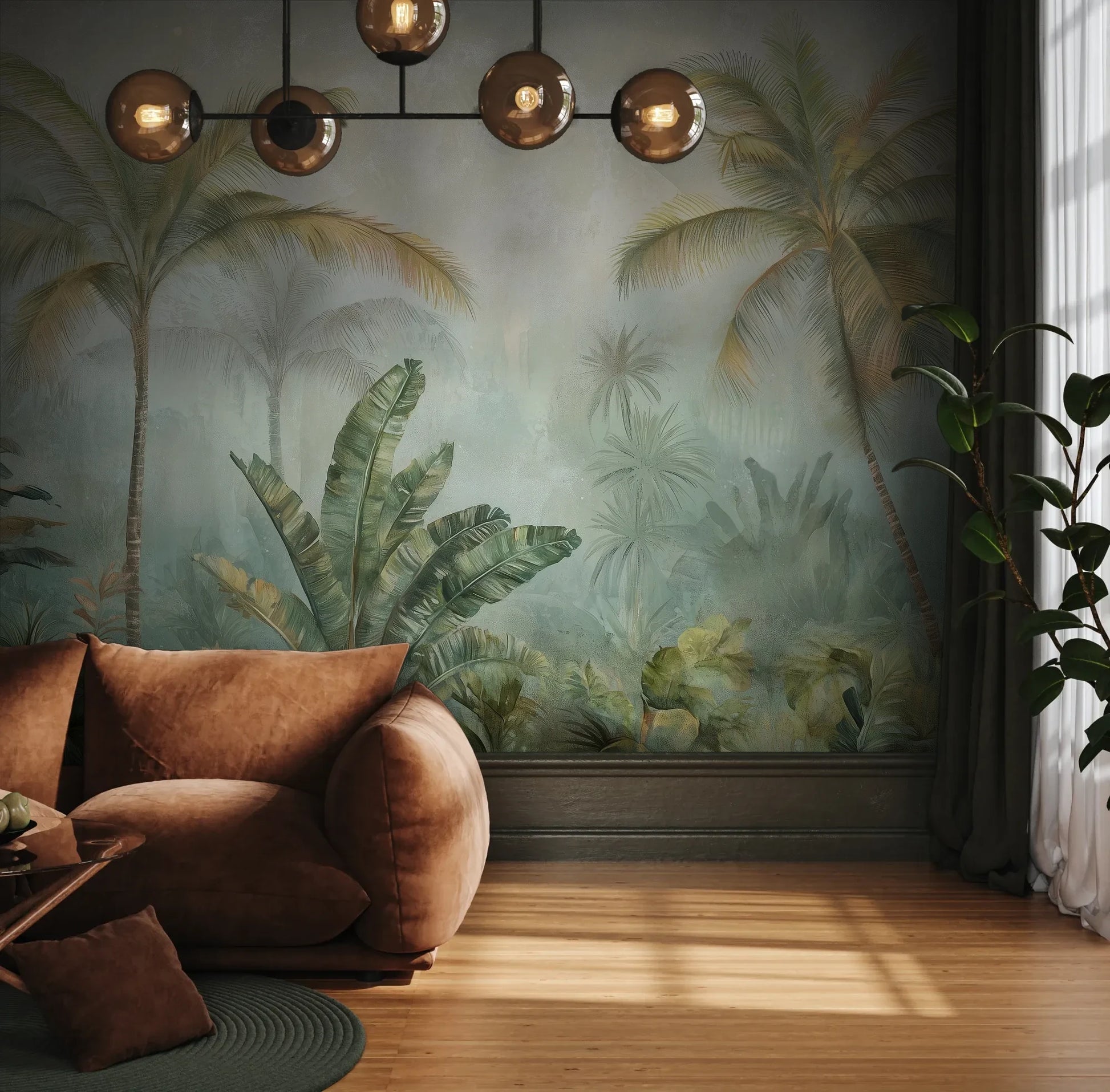Fototapeta MISTY TROPICANA - tapeta z tropikalną dżunglą we mgle pokazana w aranżacji wnętrza z akcentem na ścianie.