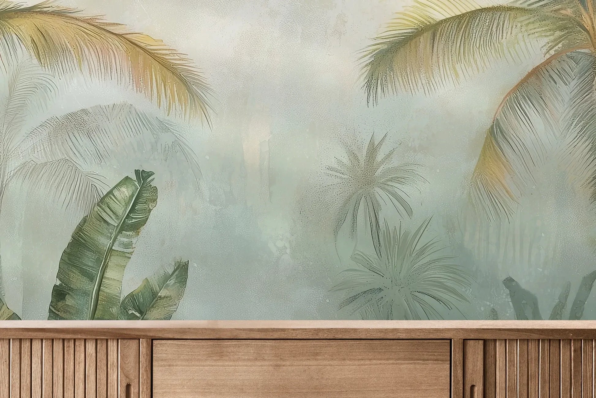 Fototapeta MISTY TROPICANA - tapeta z tropikalną dżunglą we mgle pokazana w aranżacji wnętrza z akcentem na ścianie.