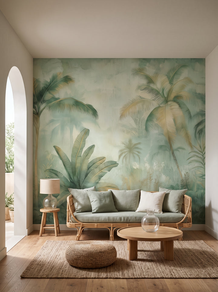 Fototapeta artystyczna o nazwie MISTY SHORES w aranżacji wnętrza: salon w eleganckim stylu boho.