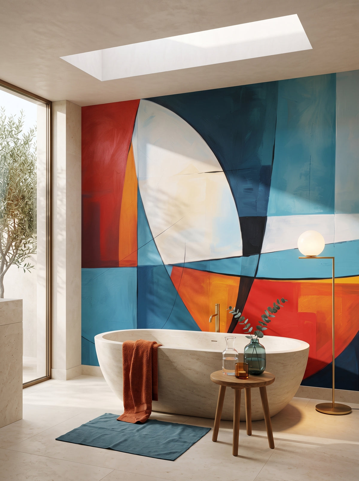Künstlerische Fototapete „Abstract Harmony“ im Interieur: Spa-Badezimmer in einer Luxusresidenz.