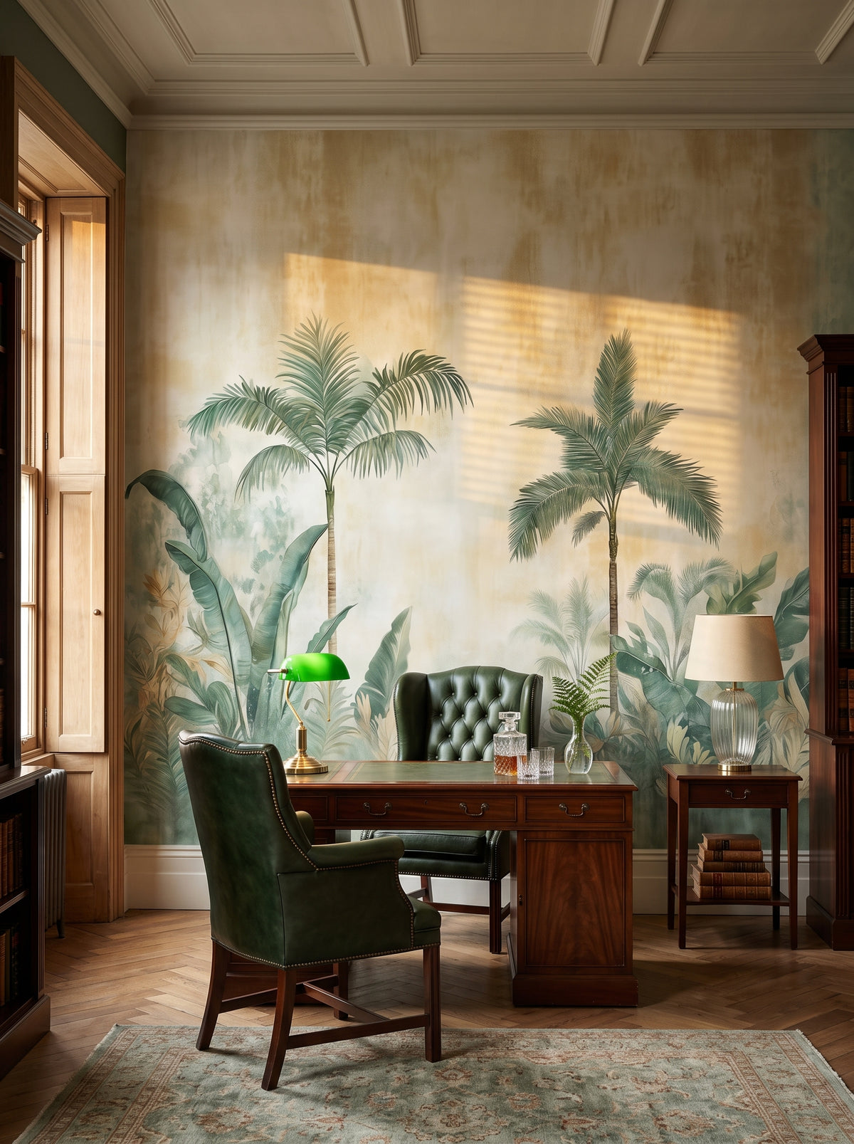 Fototapeta artystyczna o nazwie PALM MIRAGE w aranżacji wnętrza: prywatna biblioteka w stylu angielskiego klubu.