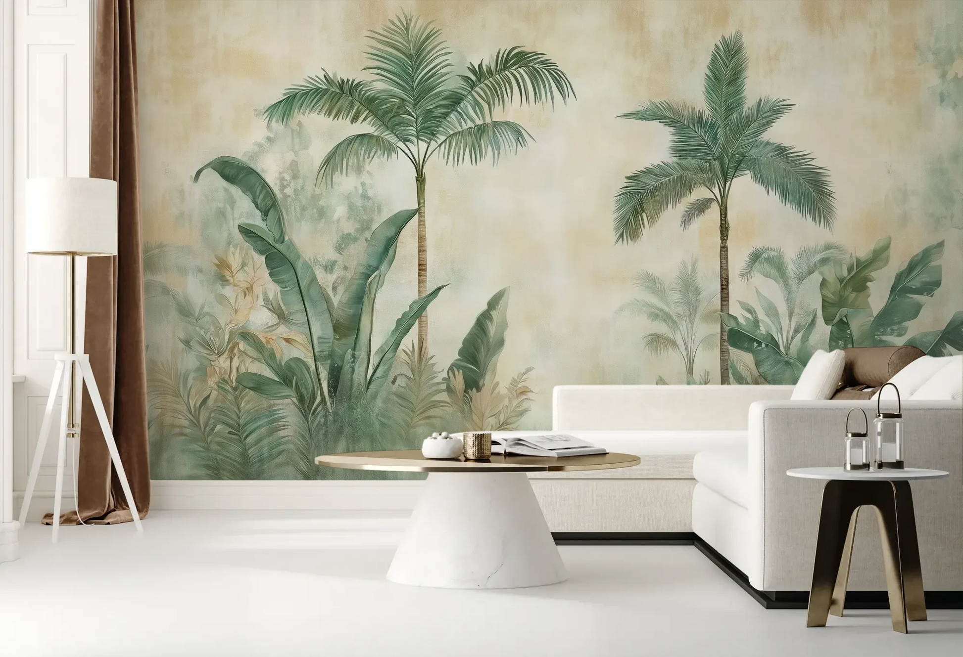 Wzór fototapety PALM MIRAGE - tapeta z tropikalną dżunglą w pastelowych odcieniach pokazanej w aranżacji salonu.