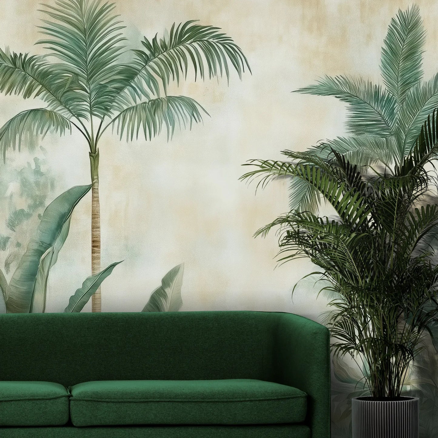 Fototapeta PALM MIRAGE - tapeta z tropikalną dżunglą w pastelowych odcieniach pokazana w aranżacji wnętrza z akcentem na ścianie.