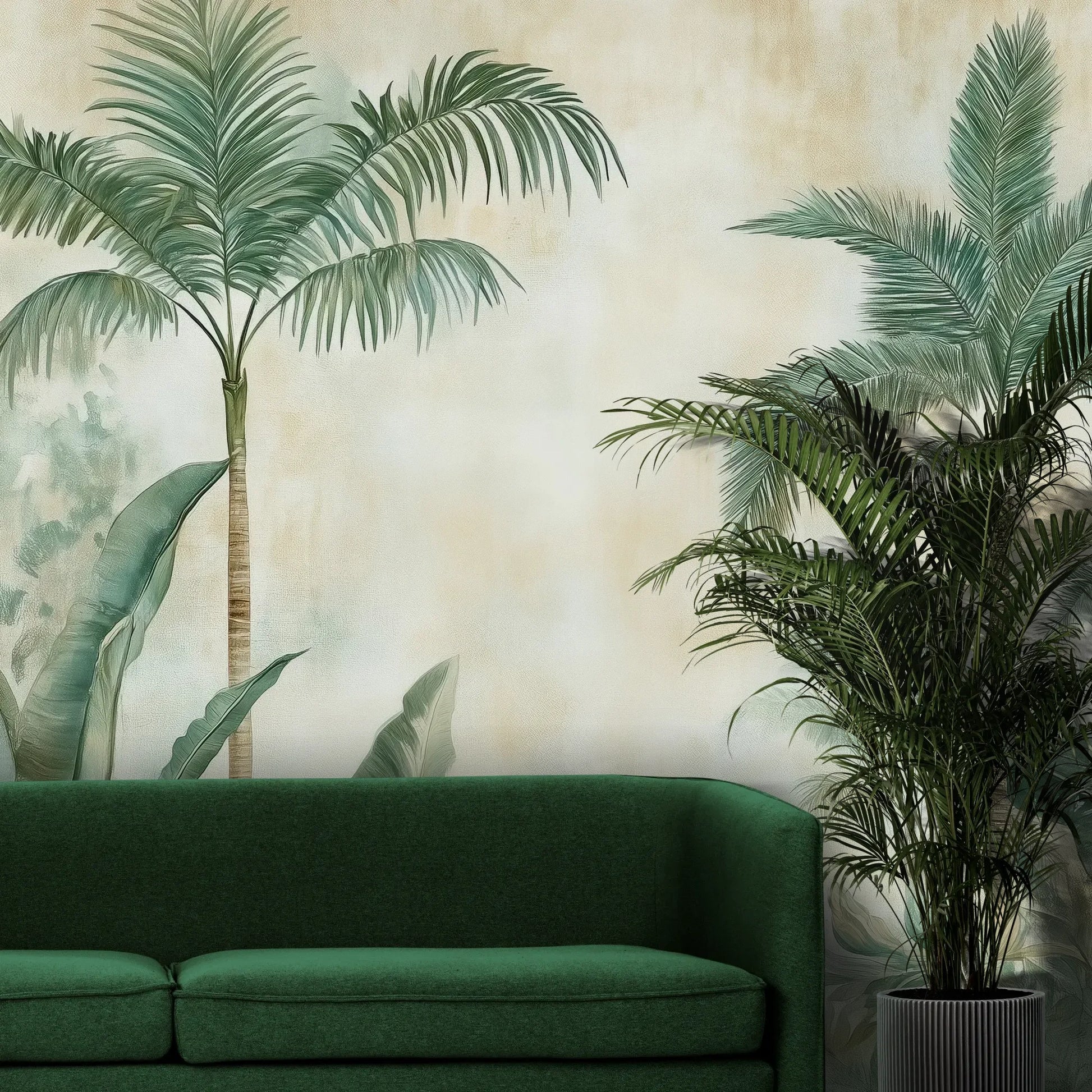 Fototapeta PALM MIRAGE - tapeta z tropikalną dżunglą w pastelowych odcieniach pokazana w aranżacji wnętrza z akcentem na ścianie.
