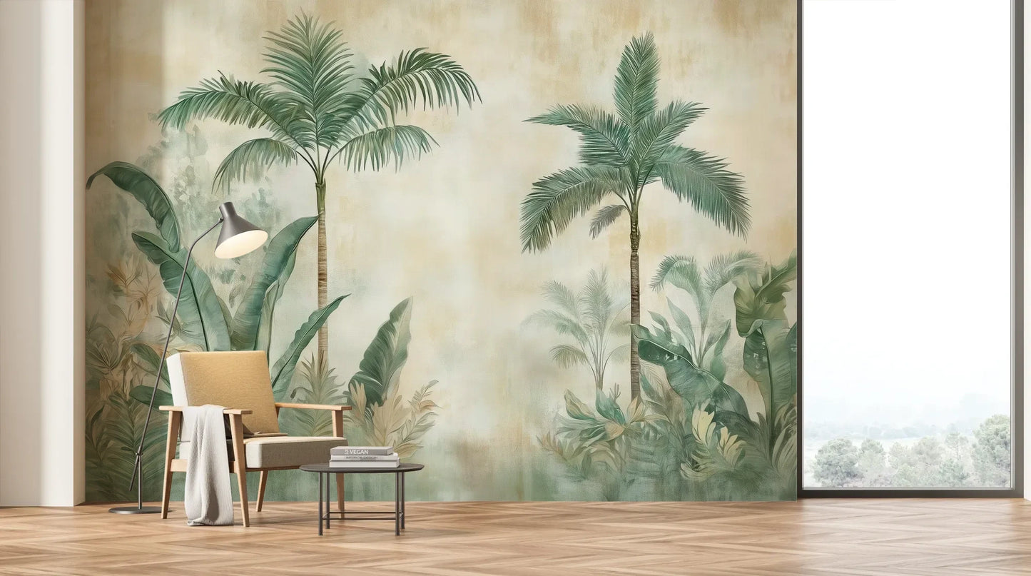 Wzór fototapety PALM MIRAGE - tapeta z tropikalną dżunglą w pastelowych odcieniach pokazanej w aranżacji salonu.
