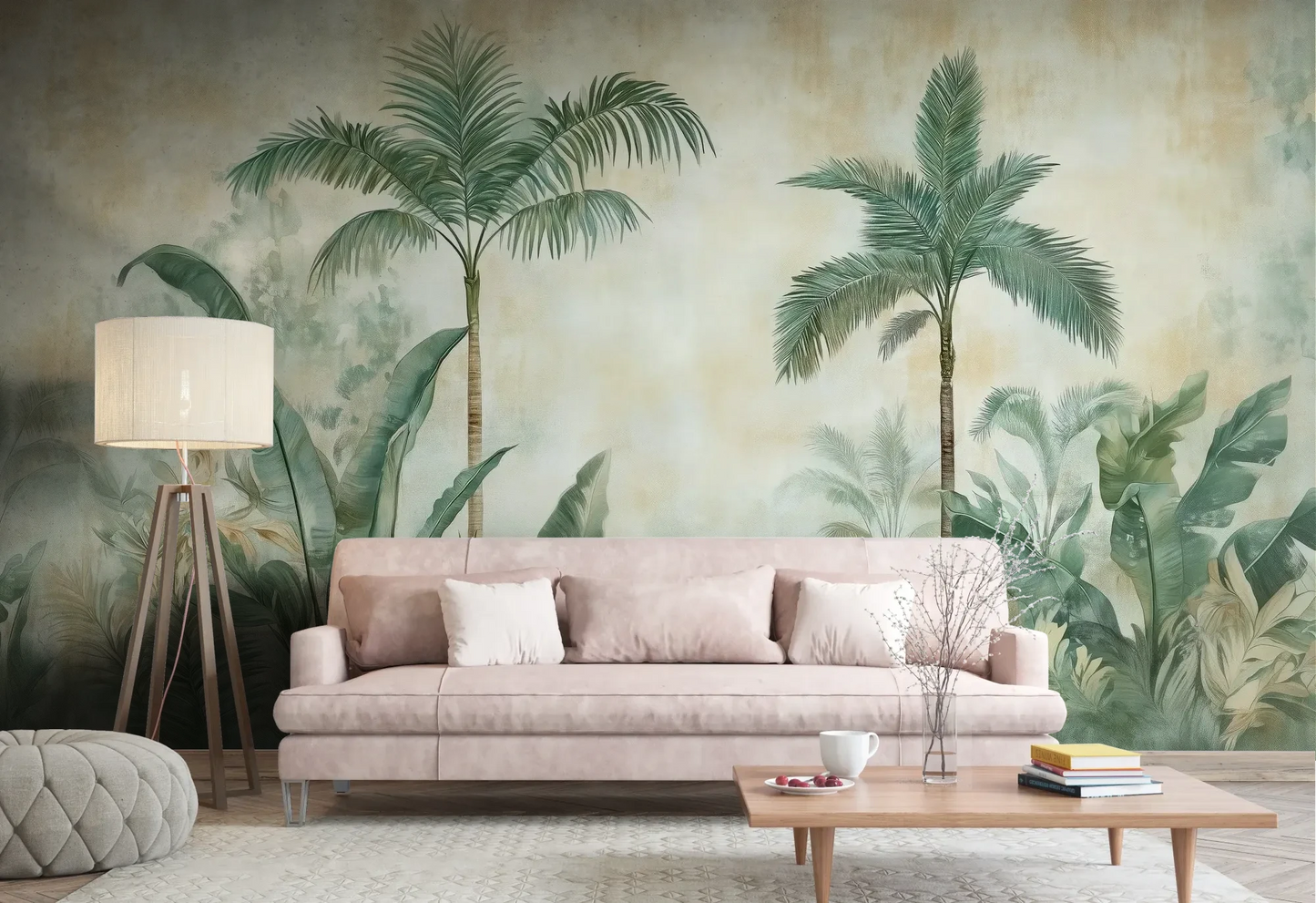 Wzór fototapety PALM MIRAGE - tapeta z tropikalną dżunglą w pastelowych odcieniach pokazanej w aranżacji salonu.