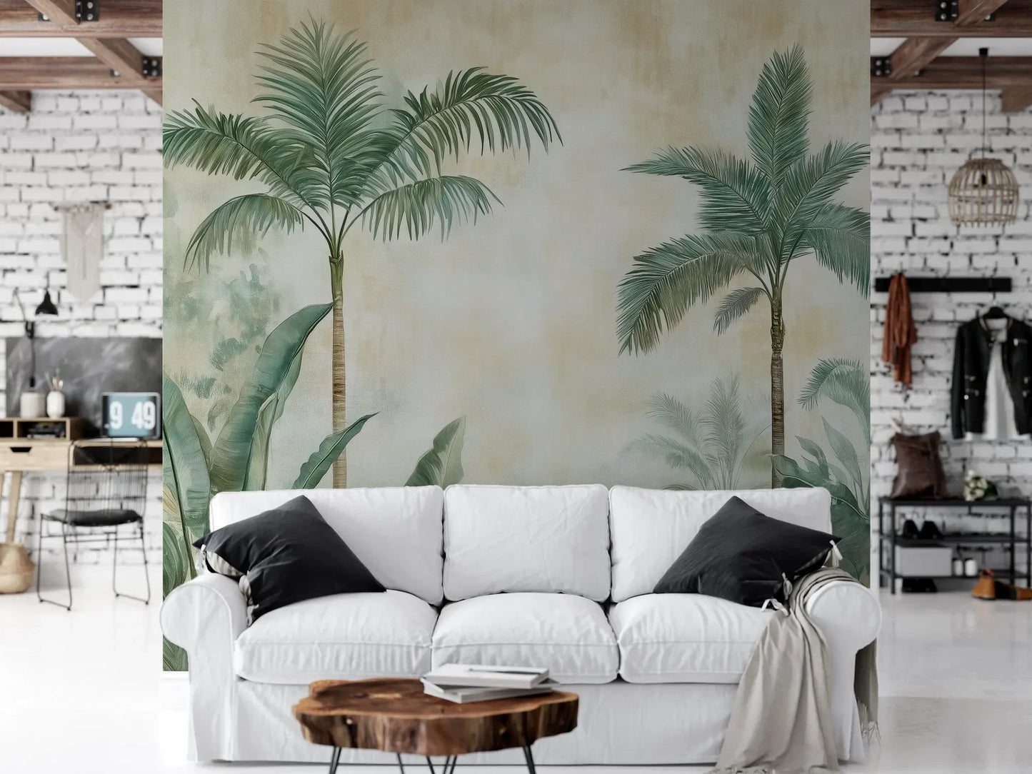 Wzór fototapety PALM MIRAGE - tapeta z tropikalną dżunglą w pastelowych odcieniach pokazanej w aranżacji salonu.