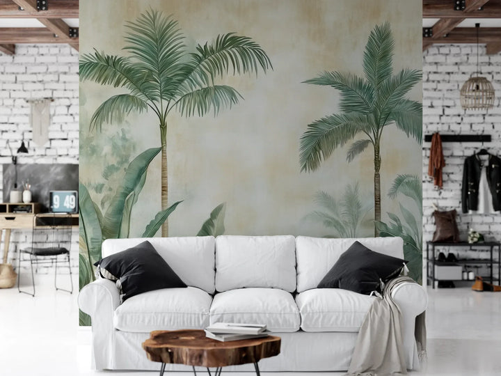 Wzór fototapety PALM MIRAGE - tapeta z tropikalną dżunglą w pastelowych odcieniach pokazanej w aranżacji salonu.