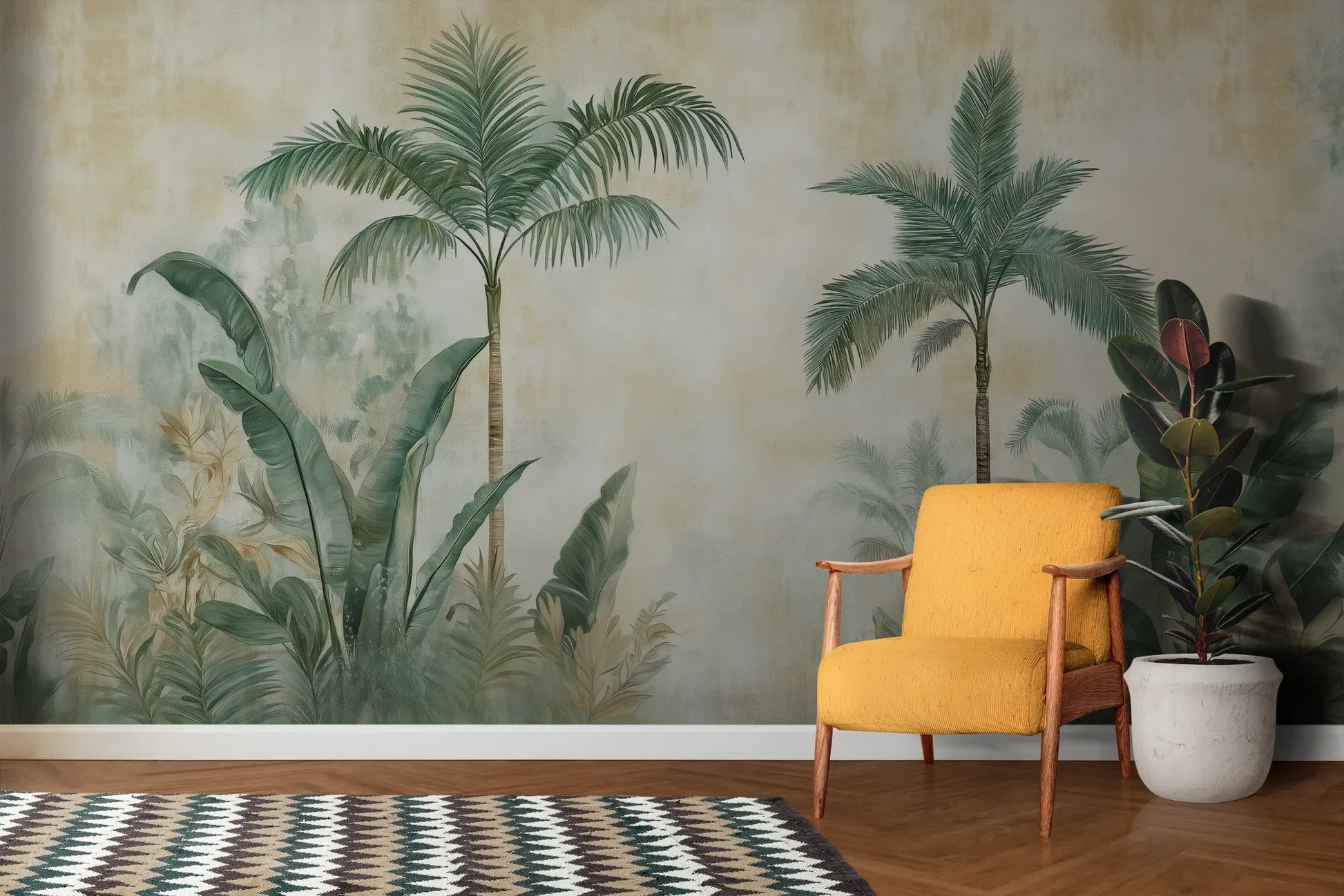 Wzór fototapety PALM MIRAGE - tapeta z tropikalną dżunglą w pastelowych odcieniach pokazanej w aranżacji salonu.
