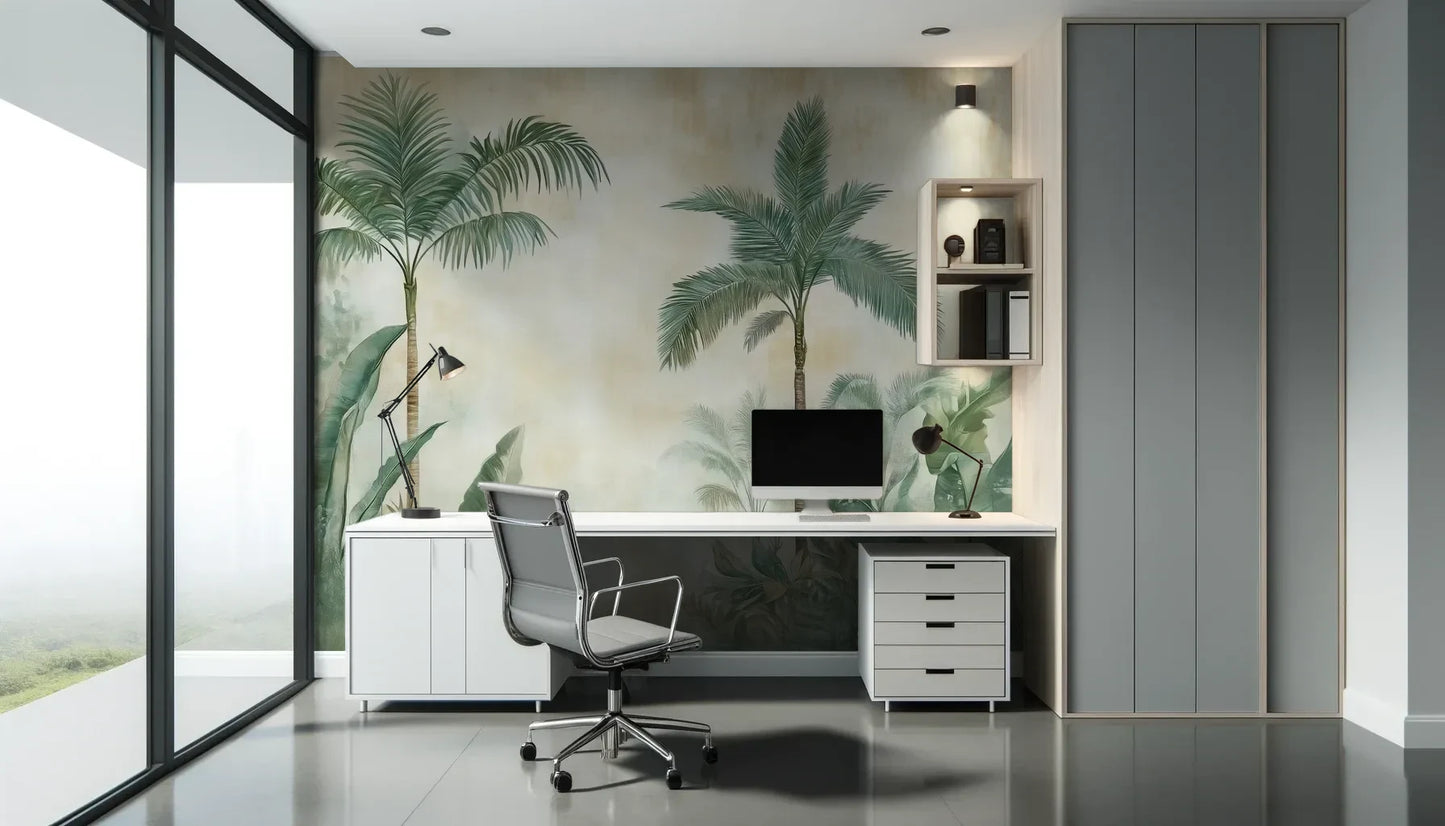 Fototapeta PALM MIRAGE - tapeta z tropikalną dżunglą w pastelowych odcieniach pokazana w aranżacji biura.