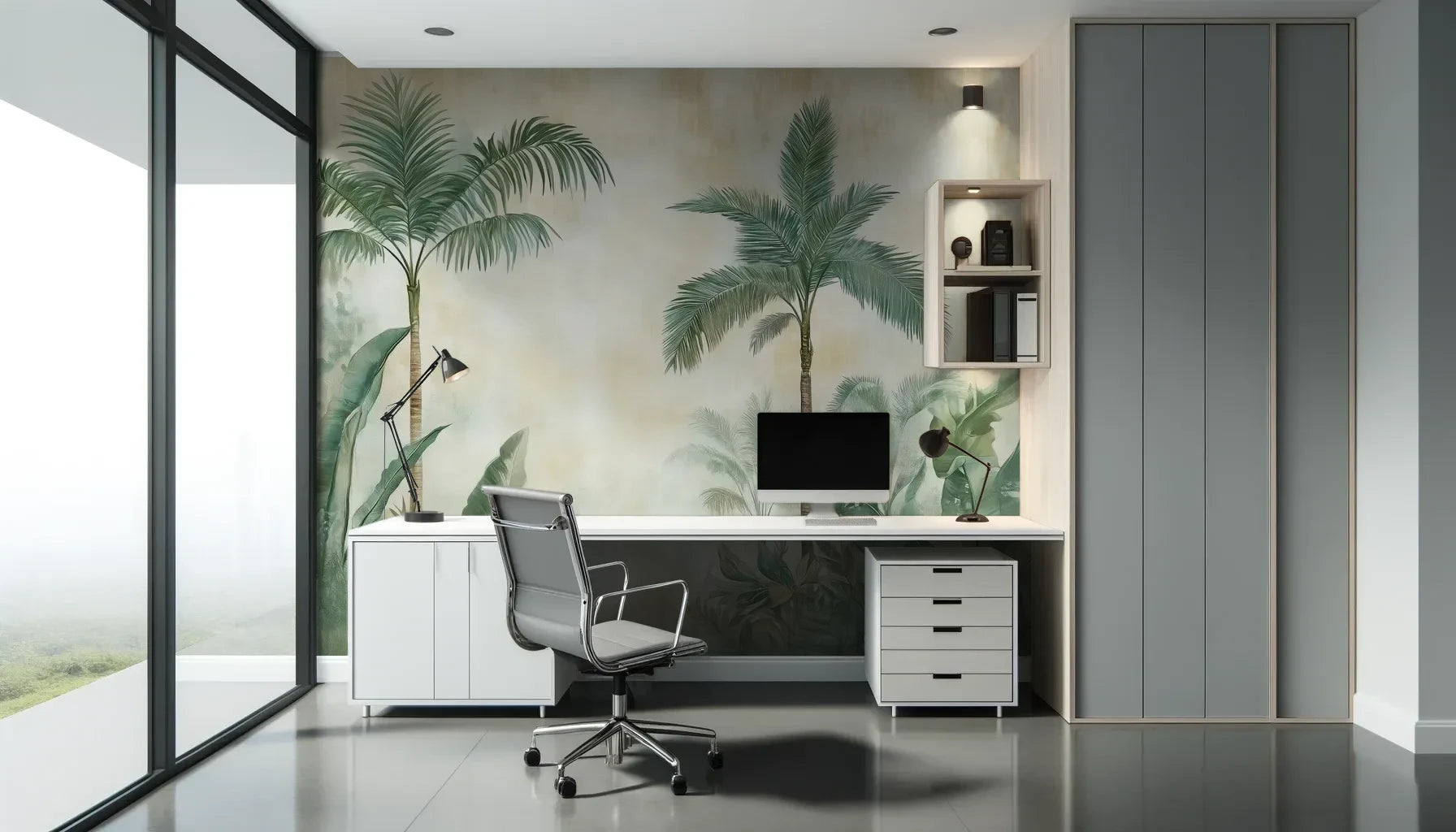 Fototapeta PALM MIRAGE - tapeta z tropikalną dżunglą w pastelowych odcieniach pokazana w aranżacji biura.