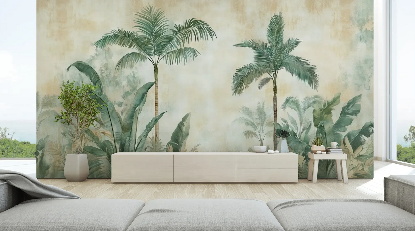 Wzór fototapety PALM MIRAGE - tapeta z tropikalną dżunglą w pastelowych odcieniach pokazanej w aranżacji salonu.