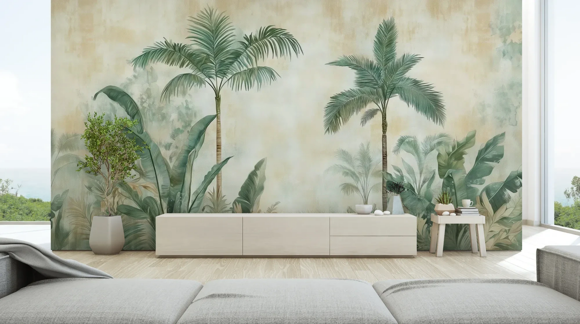 Wzór fototapety PALM MIRAGE - tapeta z tropikalną dżunglą w pastelowych odcieniach pokazanej w aranżacji salonu.