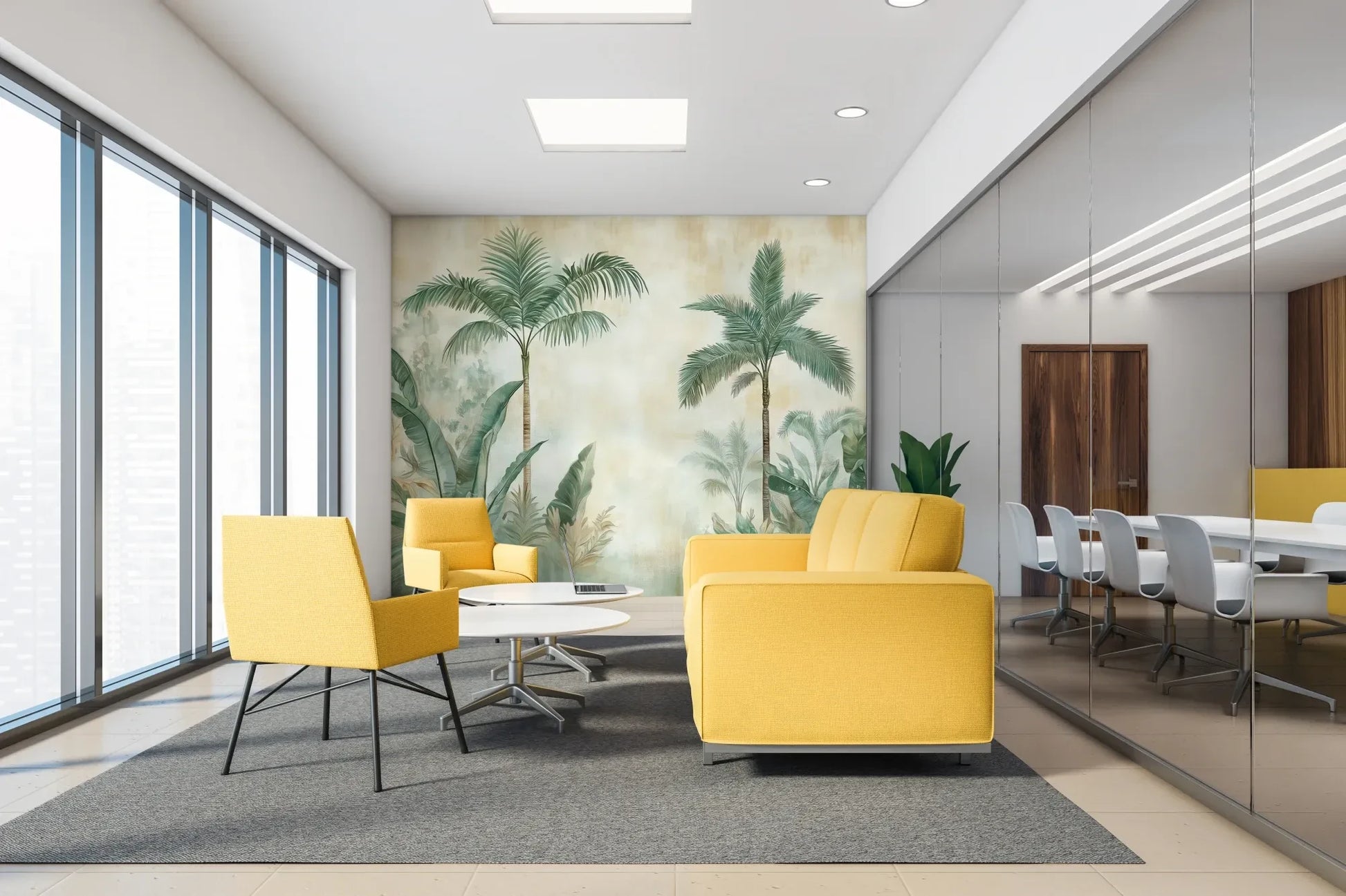Fototapeta PALM MIRAGE - tapeta z tropikalną dżunglą w pastelowych odcieniach w aranżacji wnętrza.