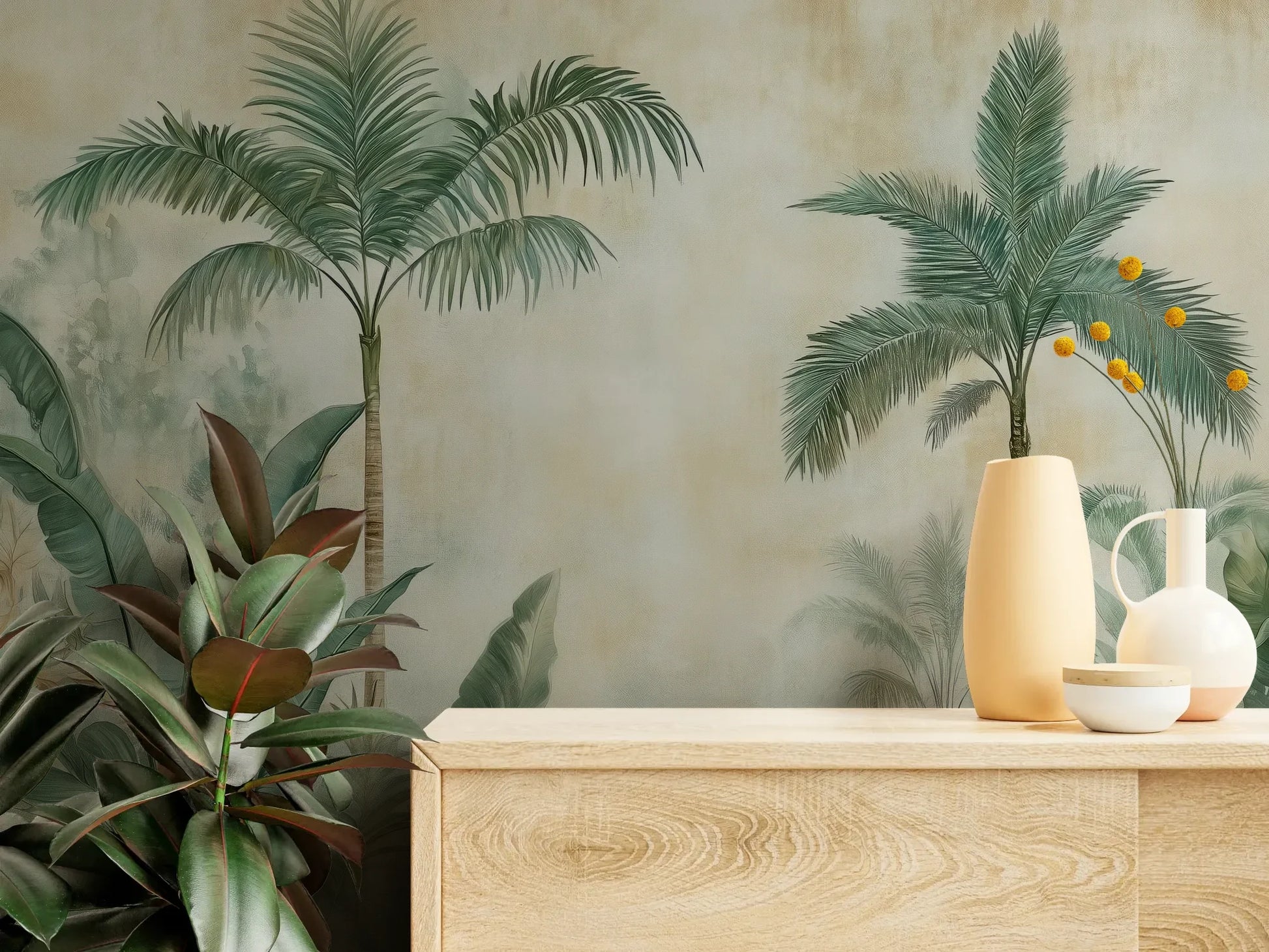 Fototapeta PALM MIRAGE - tapeta z tropikalną dżunglą w pastelowych odcieniach pokazana w aranżacji wnętrza z akcentem na ścianie.