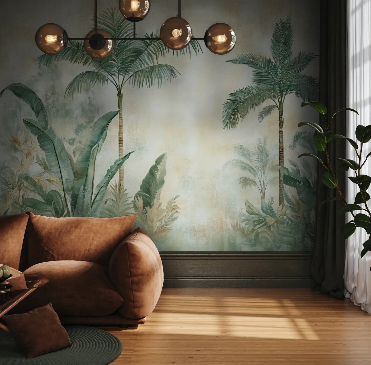 Fototapeta PALM MIRAGE - tapeta z tropikalną dżunglą w pastelowych odcieniach pokazana w aranżacji wnętrza z akcentem na ścianie.