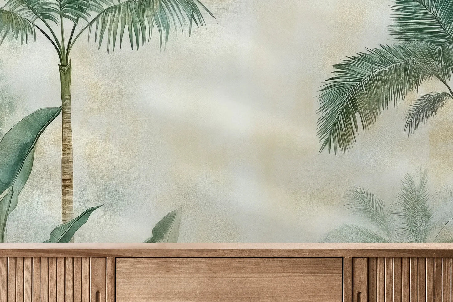 Fototapeta PALM MIRAGE - tapeta z tropikalną dżunglą w pastelowych odcieniach pokazana w aranżacji wnętrza z akcentem na ścianie.