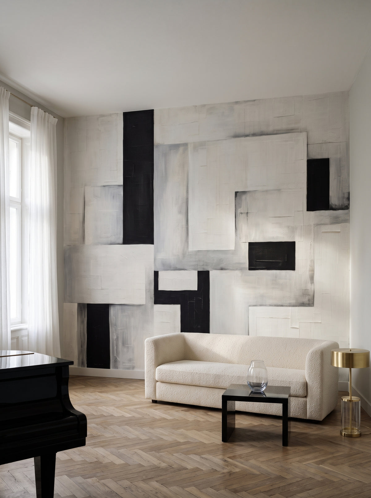 Fototapeta artystyczna o nazwie Monochrome Blocks w aranżacji wnętrza: salon muzyczny w wiedeńskiej kamienicy.