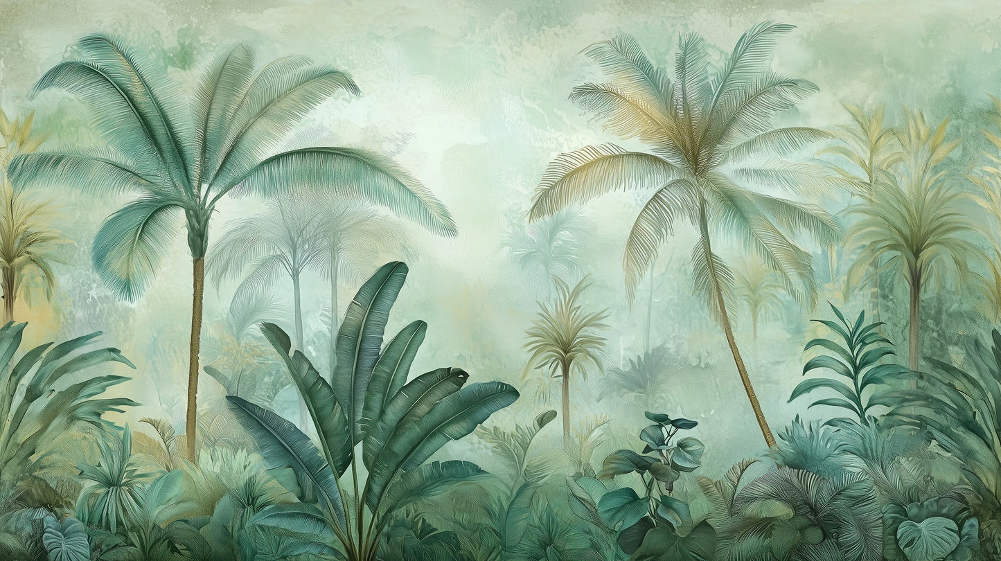 Prezentacja całego wzoru fototapety o nazwie MISTY RAINFOREST - tapeta z tropikalną dżunglą w pastelowych odcieniach