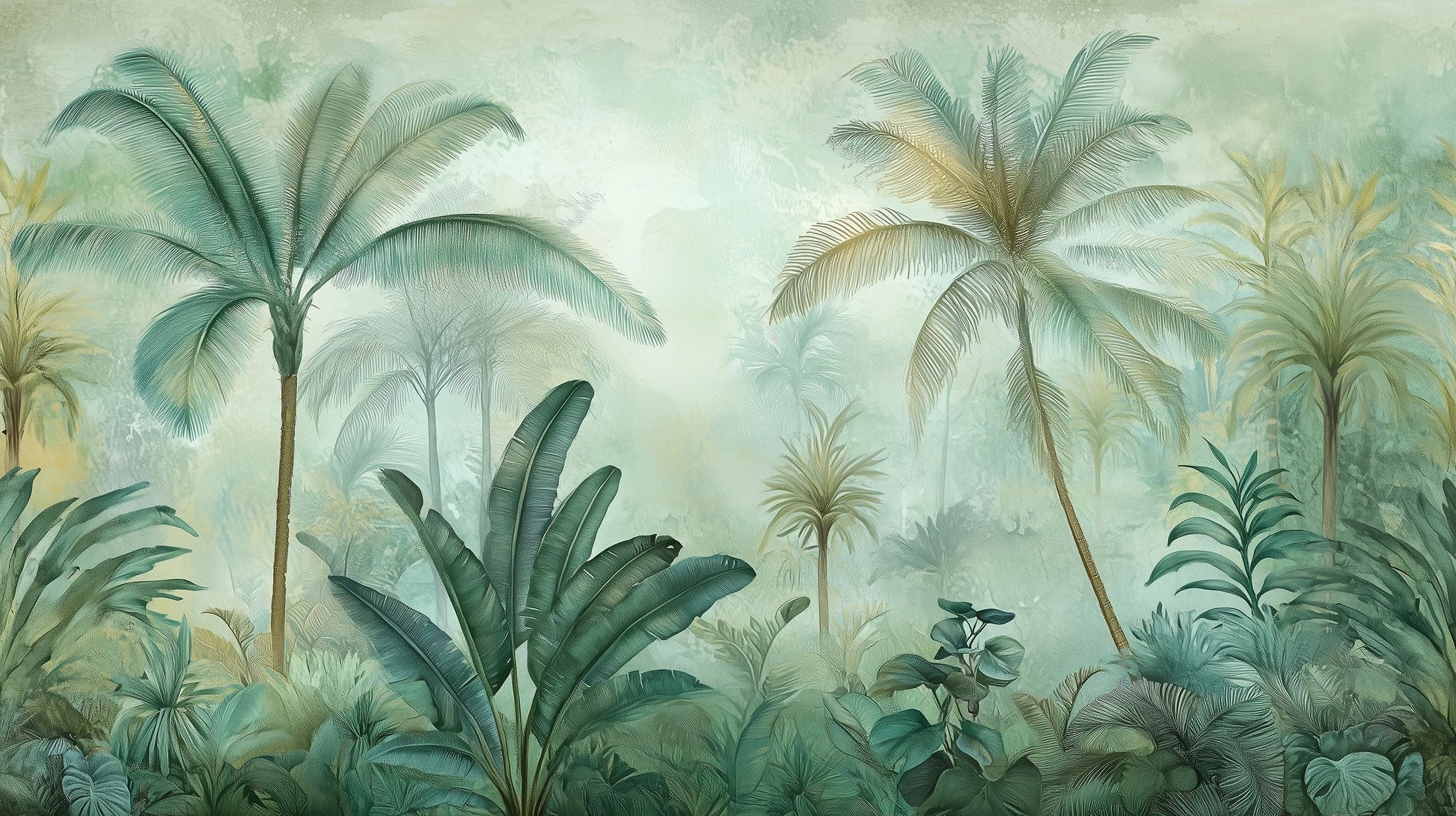 Prezentacja całego wzoru fototapety o nazwie MISTY RAINFOREST - tapeta z tropikalną dżunglą w pastelowych odcieniach