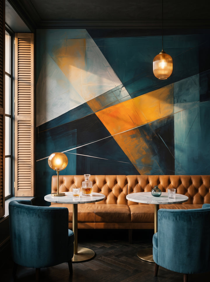 Fototapeta artystyczna o nazwie Abstract Depths w aranżacji wnętrza: bar lounge w butikowym hotelu.