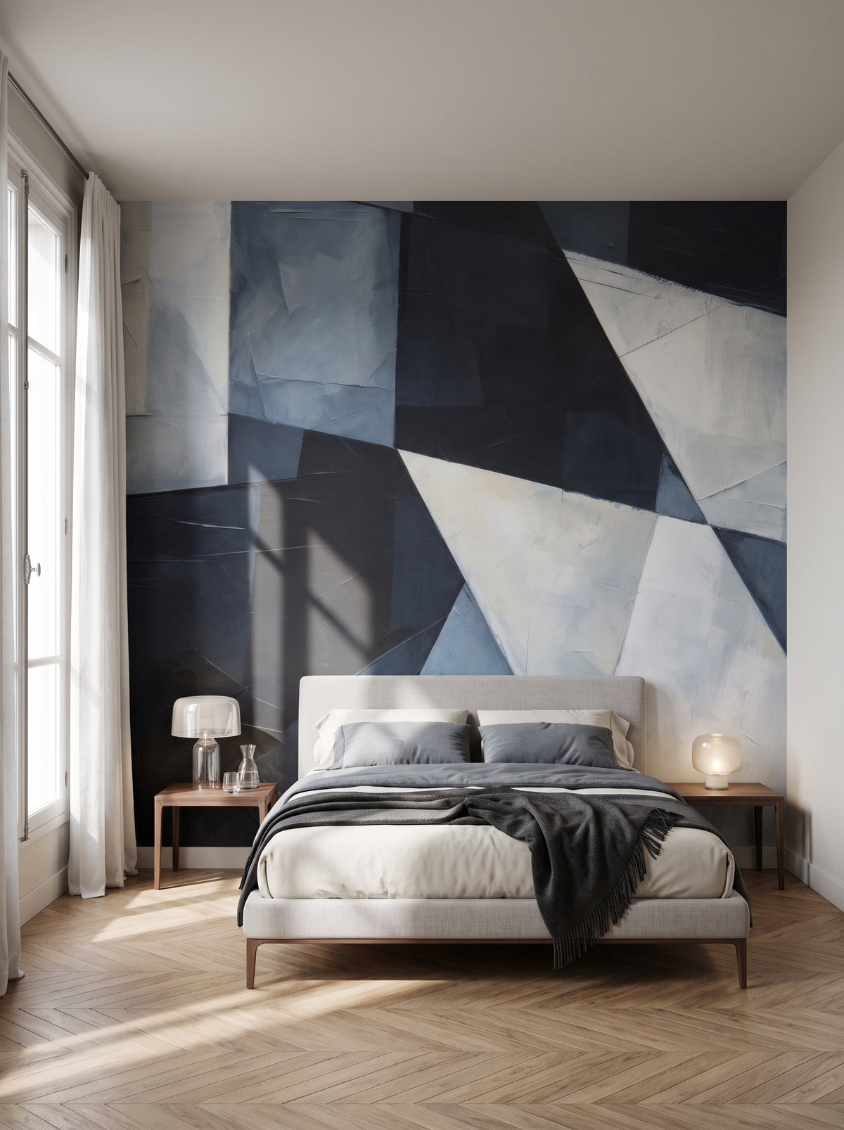 Fototapeta artystyczna o nazwie Geometric Ice w aranżacji wnętrza: sypialnia w paryskim apartamencie.