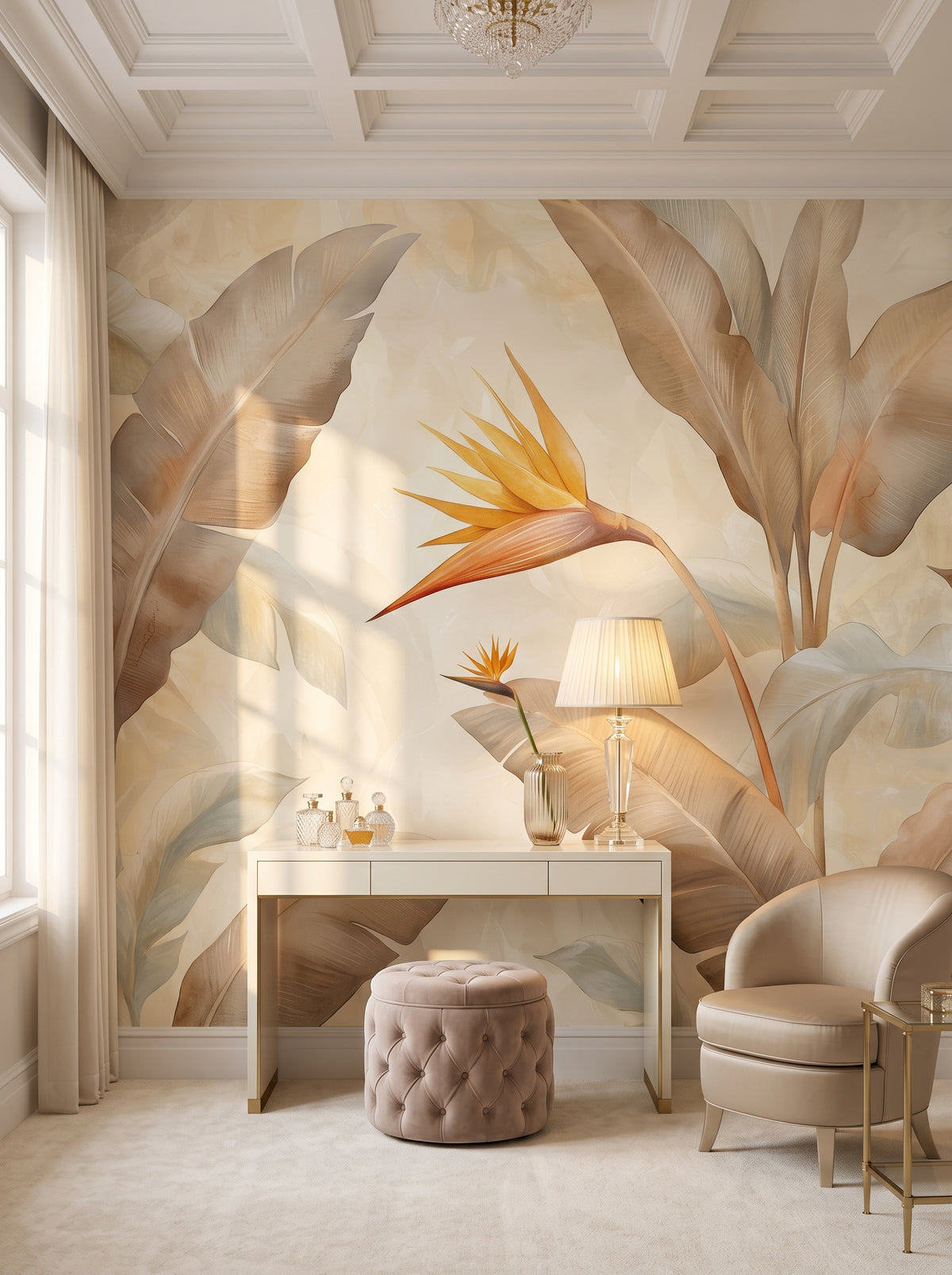 Fototapeta artystyczna o nazwie GOLDEN STRELITZIA w aranżacji wnętrza: garderoba w stylu Hollywood Regency.
