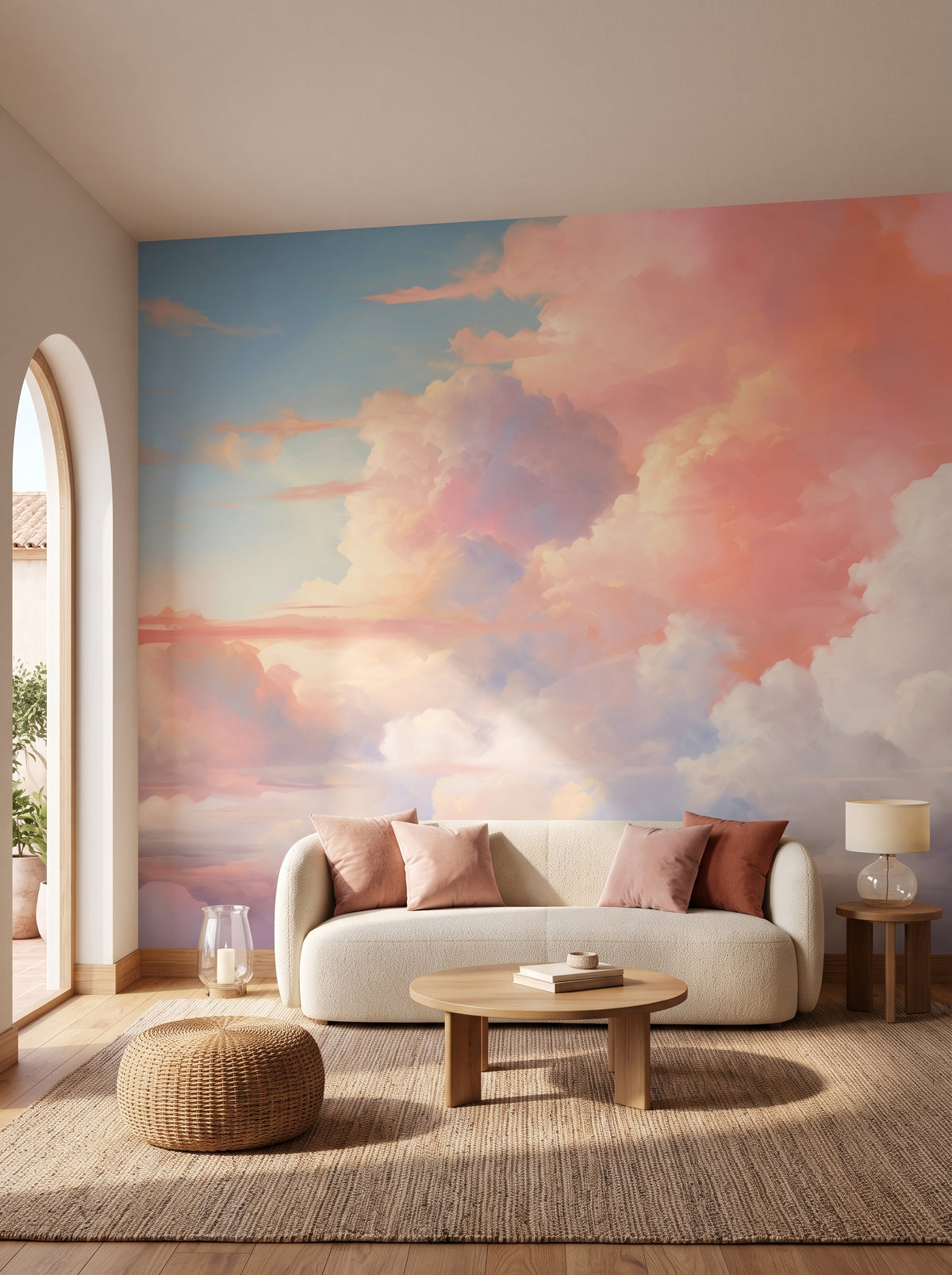 Fototapeta artystyczna o nazwie Pastel Serenity #2 w aranżacji wnętrza: salon w wyrafinowanym stylu boho.