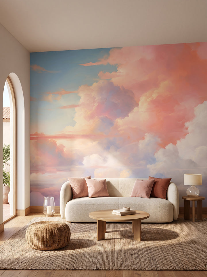 Fototapeta artystyczna o nazwie Pastel Serenity #2 w aranżacji wnętrza: salon w wyrafinowanym stylu boho.