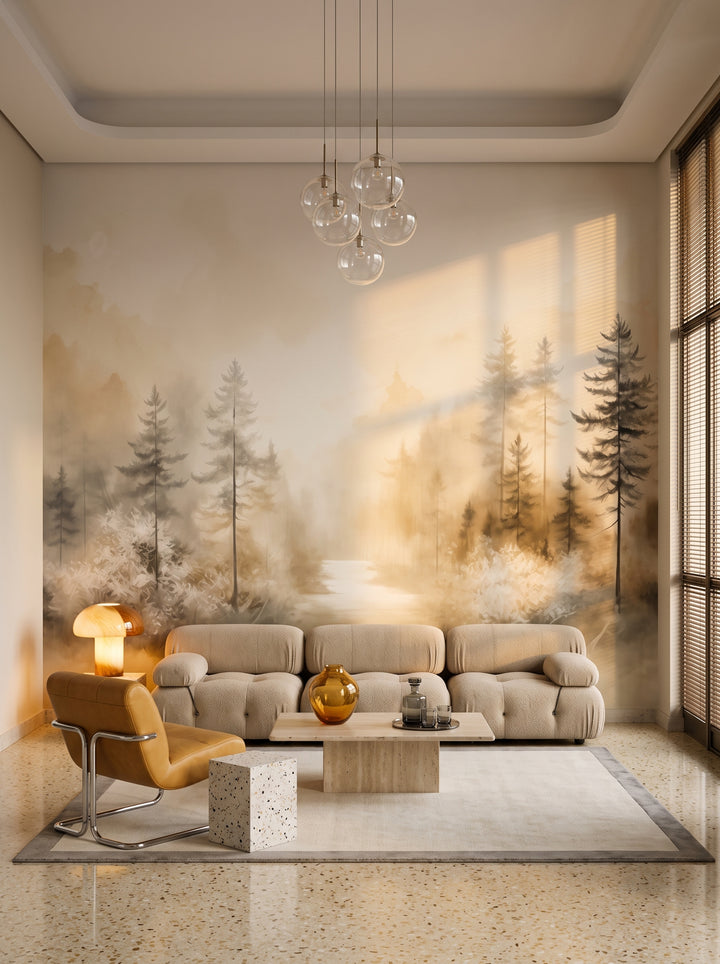 Fototapeta artystyczna o nazwie GLOWING MIST FOREST PATH MURAL w aranżacji wnętrza: salon w mediolańskim apartamencie z lat 70..