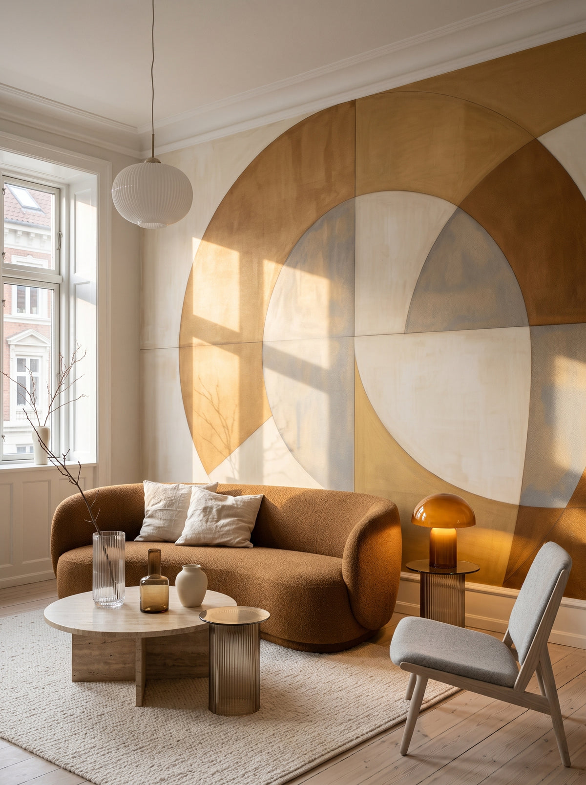 Papier peint panoramique artistique « GILDED CRESCENT SYMMETRY » dans un intérieur : studio dans un immeuble ancien à Copenhague.