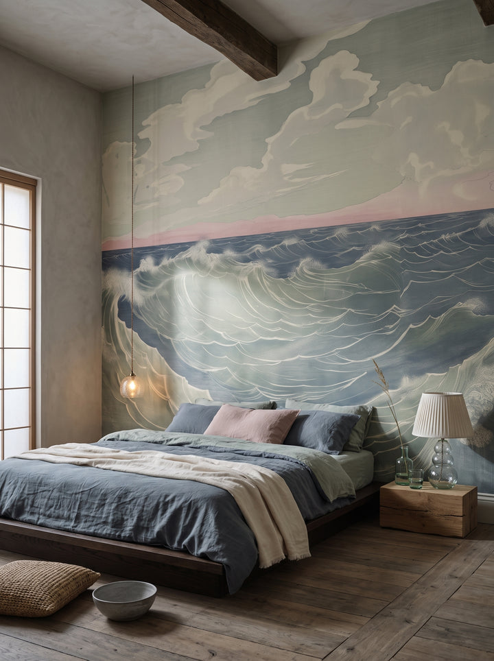 Fototapeta artystyczna o nazwie Soft Ocean Whisper w aranżacji wnętrza: sypialnia wabi-sabi w górskim domu.