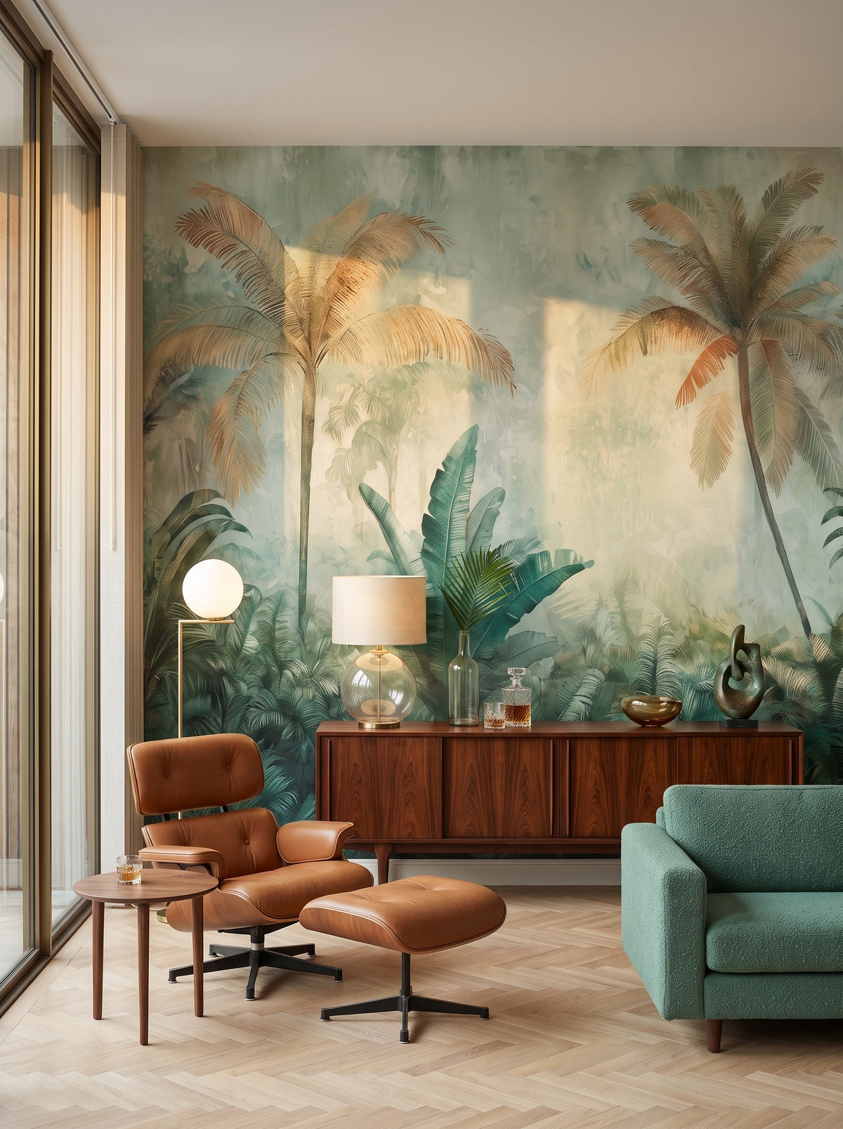 Papier peint panoramique artistique « Golden Tide Motion » dans un intérieur : salon de collectionneur de style mid-century modern.