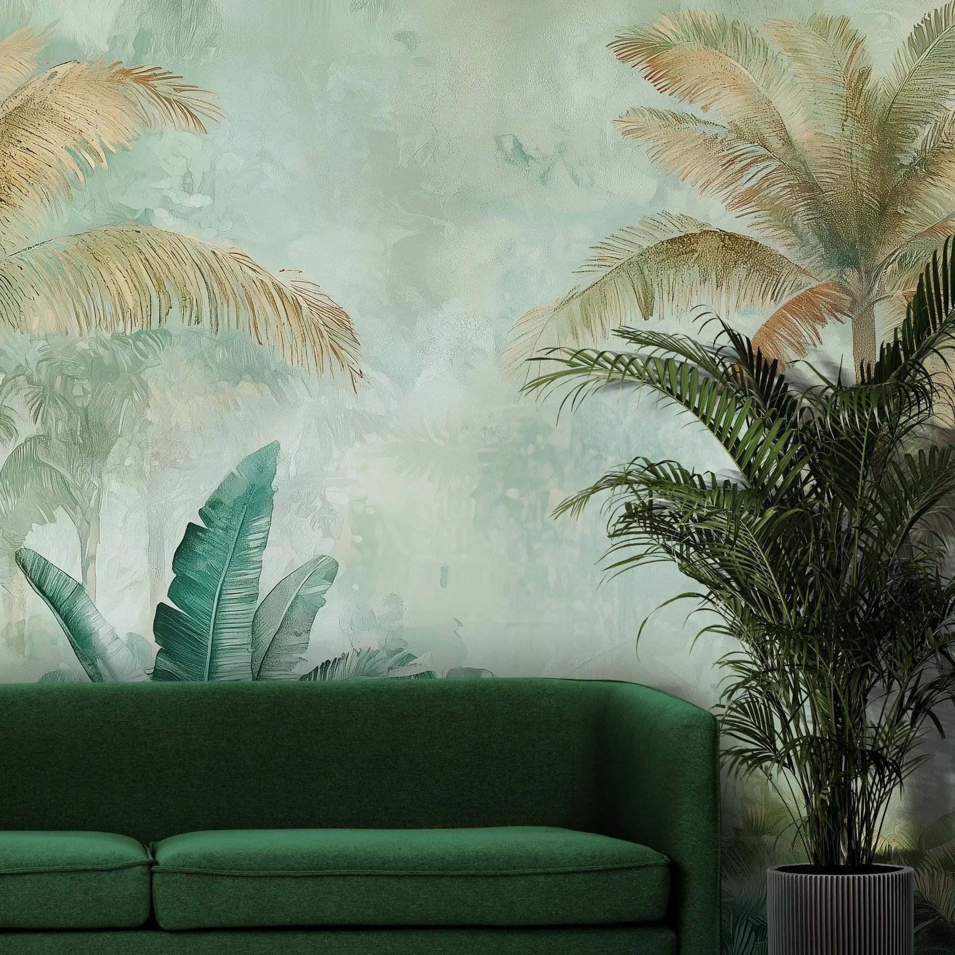 Fototapeta PALM MIRAGE AURORA - tapeta z tropikalną mglistą dżunglą pokazana w aranżacji wnętrza z akcentem na ścianie.