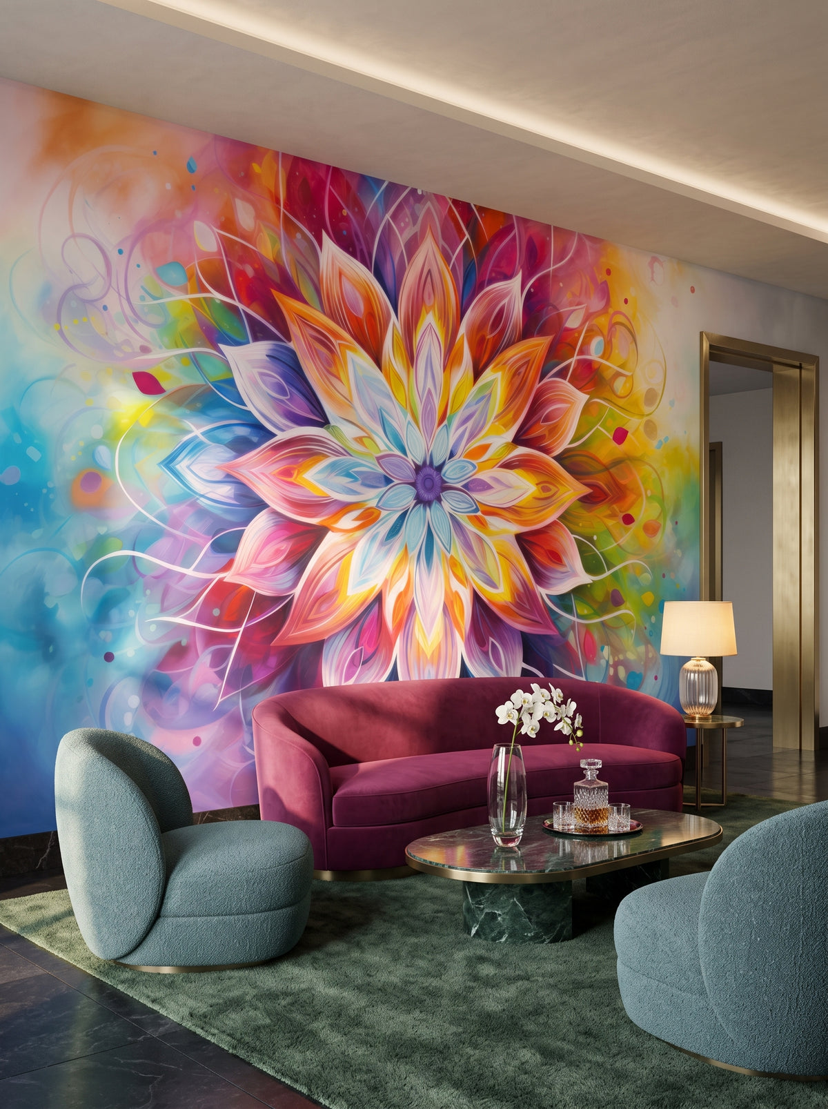 Fototapeta artystyczna o nazwie Spiritual Awakening w aranżacji wnętrza: lounge w lobby butikowego hotelu designerskiego.