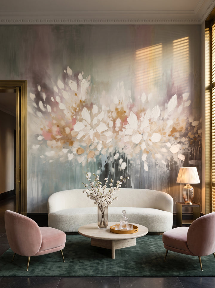 Fototapeta artystyczna o nazwie Luminous Bloom Haze w aranżacji wnętrza: lobby lounge butikowego hotelu designerskiego.