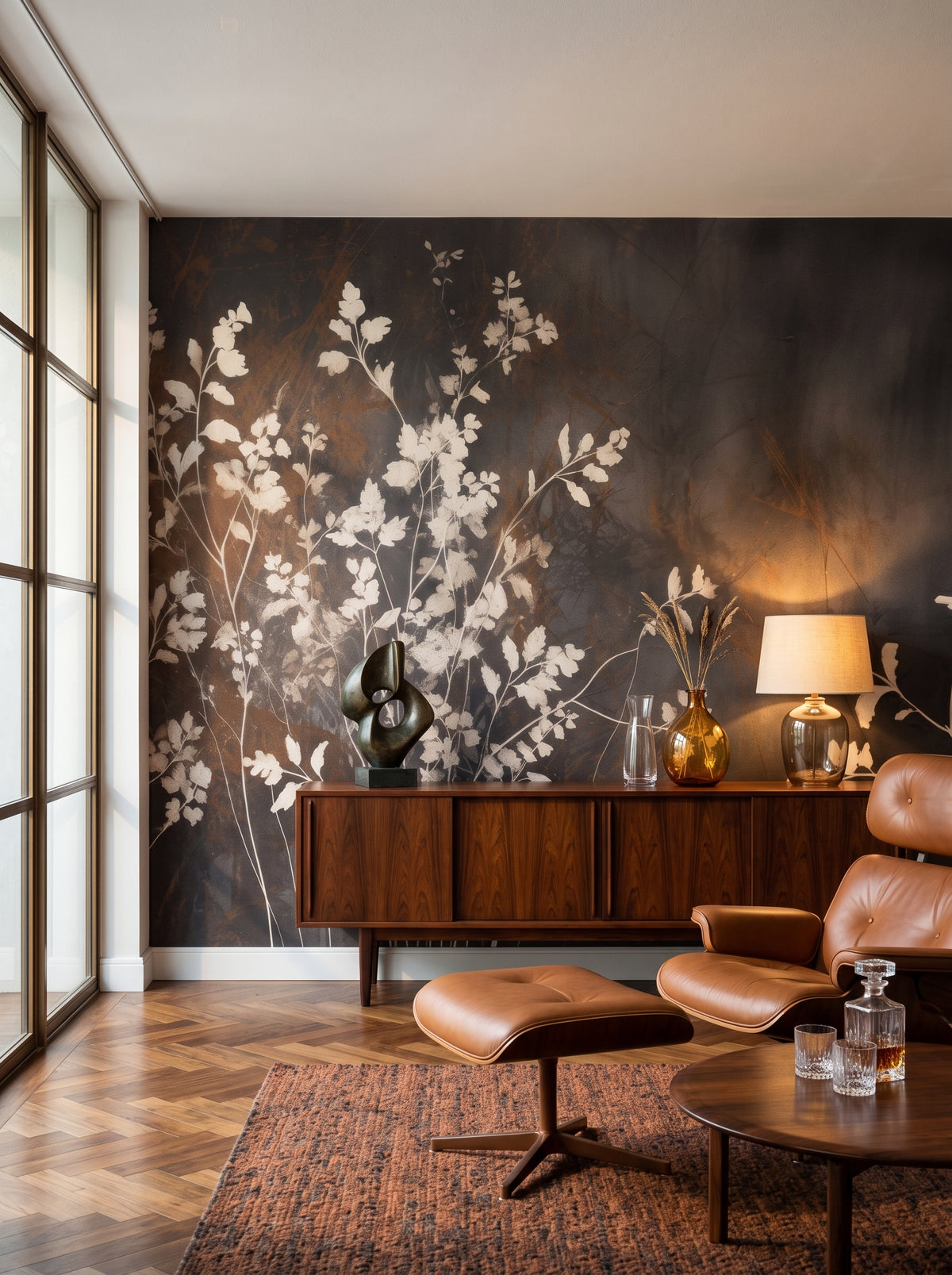 Fototapeta artystyczna o nazwie Elegant Shadow Flora w aranżacji wnętrza: salon kolekcjonera w stylu mid-century modern.