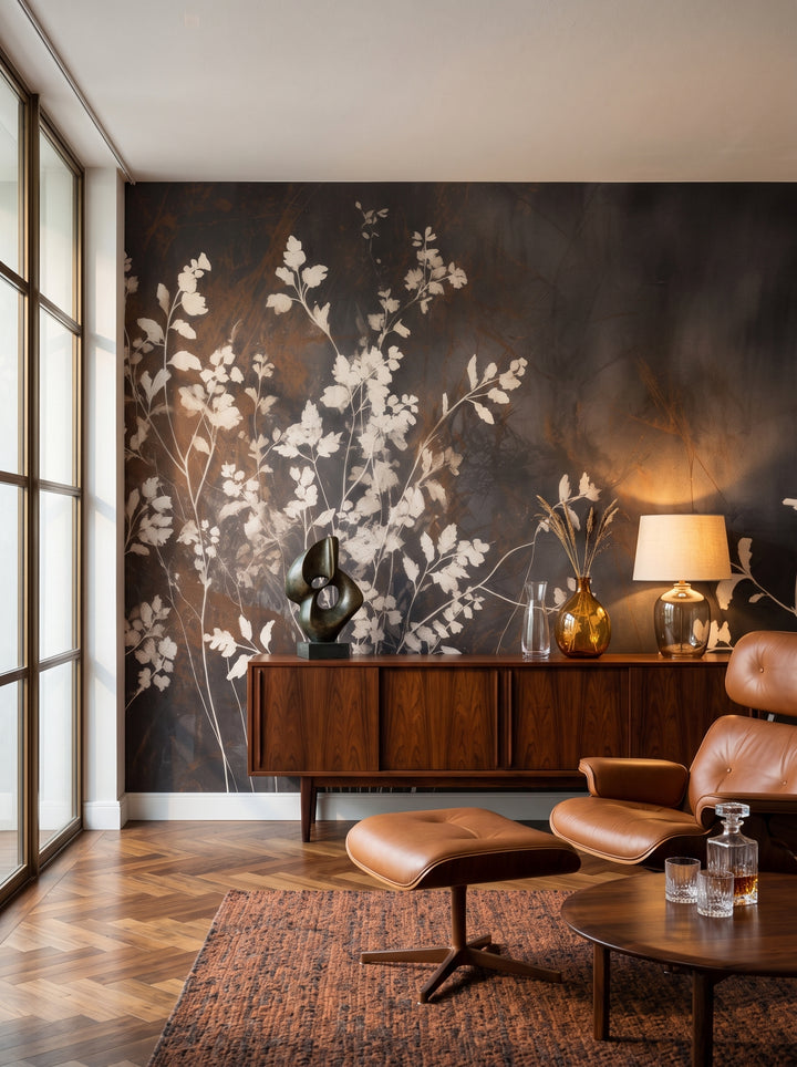 Fototapeta artystyczna o nazwie Elegant Shadow Flora w aranżacji wnętrza: salon kolekcjonera w stylu mid-century modern.
