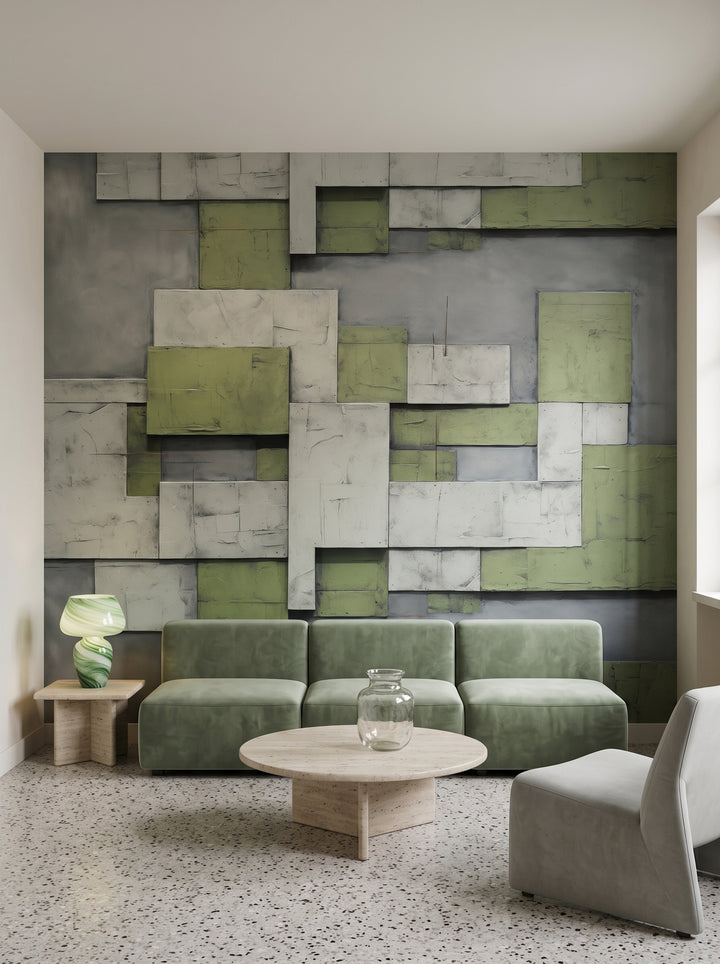Fototapeta artystyczna o nazwie Green Blocks w aranżacji wnętrza: salon w mediolańskim modernizmie lat 70..