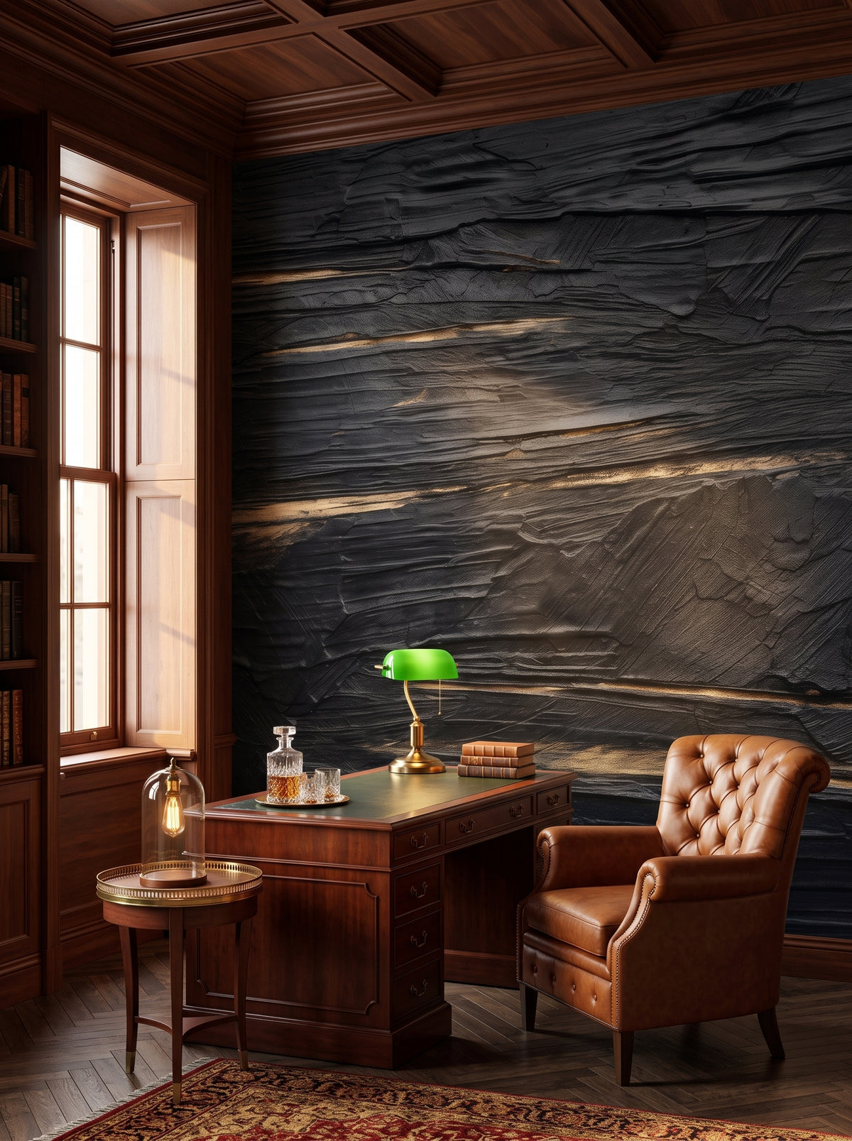 Fototapeta artystyczna o nazwie Black Gold Elegance w aranżacji wnętrza: prywatna biblioteka w stylu angielskiego klubu.