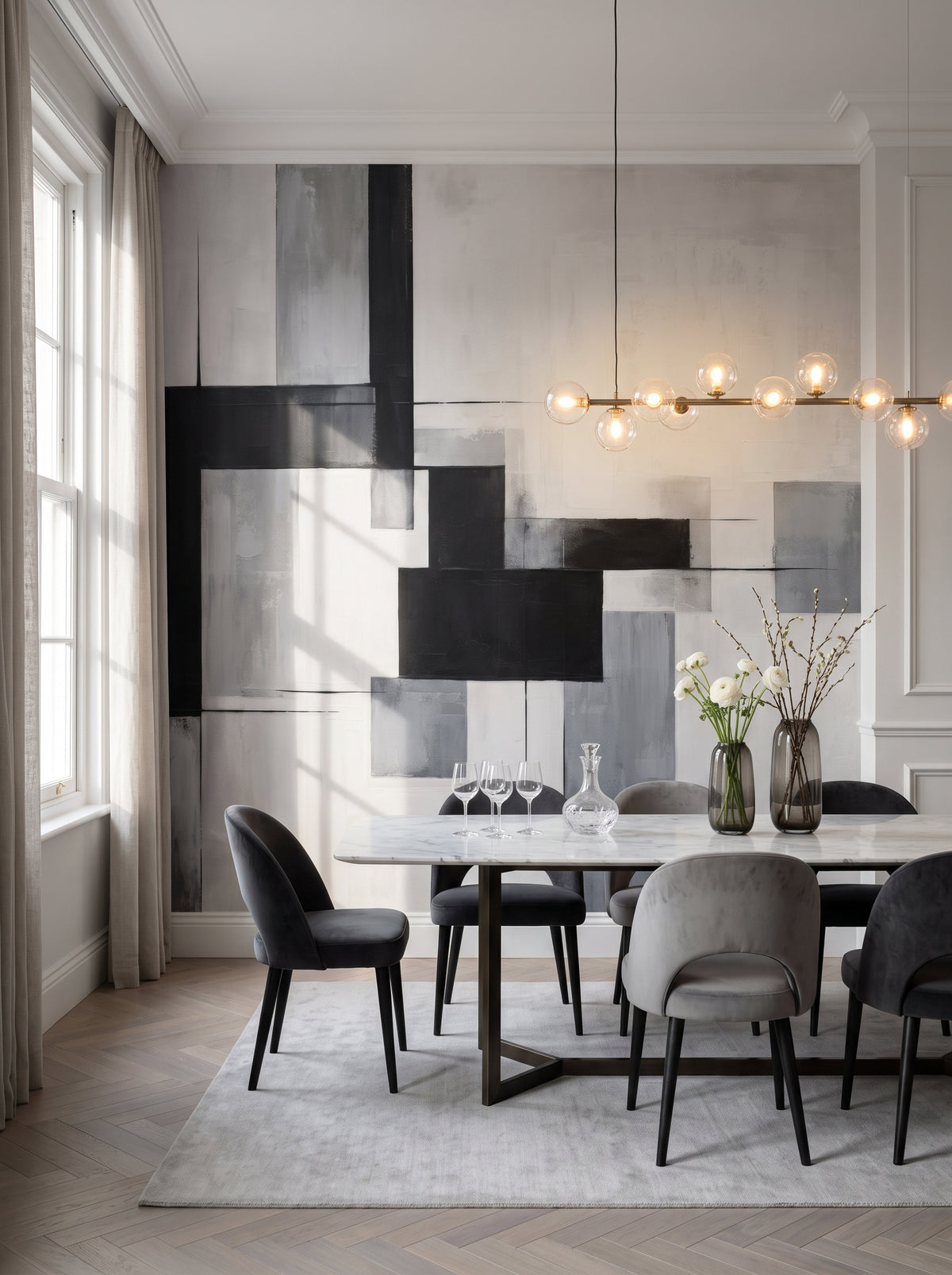 Künstlerische Fototapete „Monochrome Harmony“ im Interieur: formelles Esszimmer in einem Modern-Classic-Apartment.