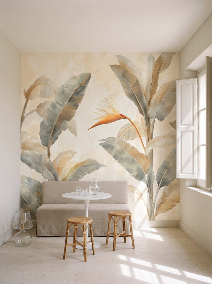 Fototapeta artystyczna o nazwie HELICONIA GRACE w aranżacji wnętrza: kącik śniadaniowy w willi na Riwierze.