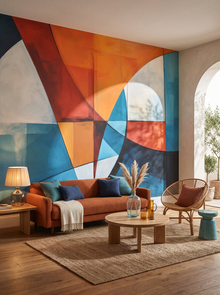 Fototapeta artystyczna o nazwie Intersecting Orbits w aranżacji wnętrza: salon w stylu wyrafinowanego boho z wyjściem na taras.