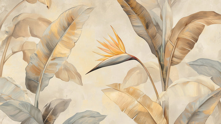 Prezentacja całego wzoru fototapety o nazwie SUNLIT STRELITZIA - tapeta z egzotycznym rajskim ptakiem w pastelowych barwach