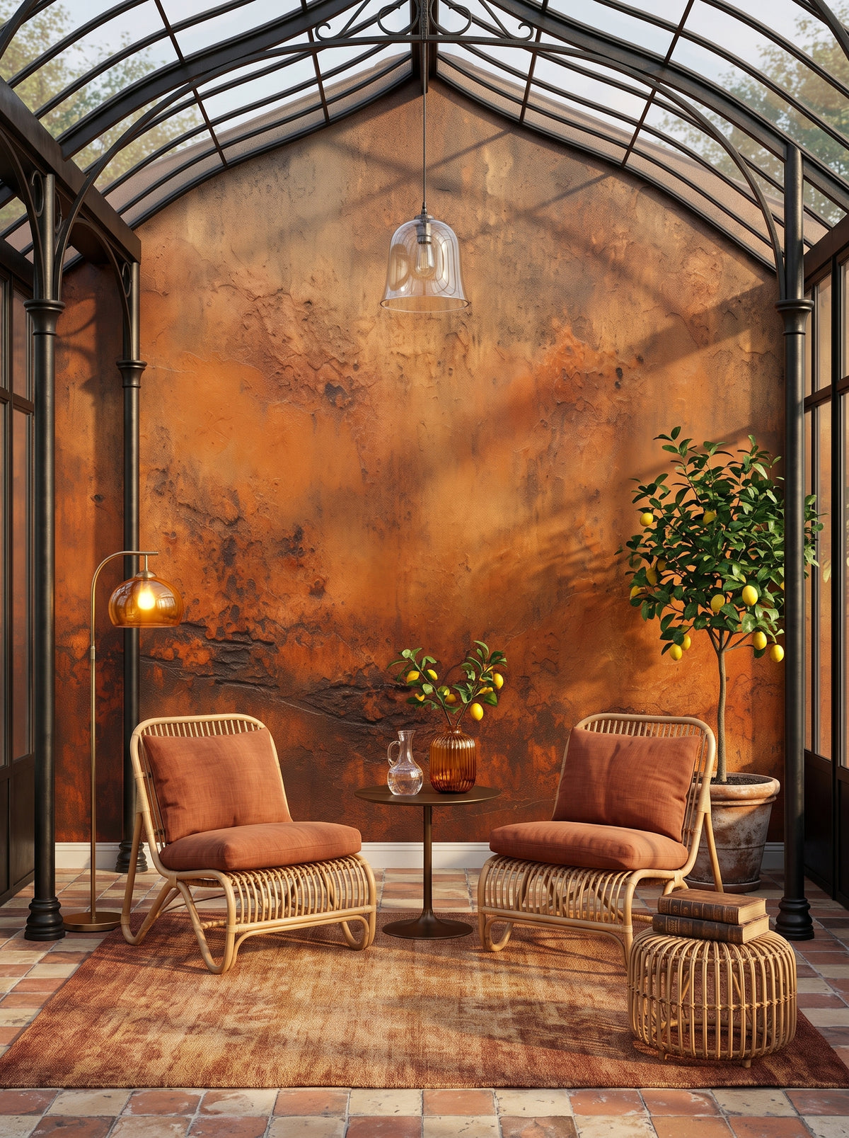 Fototapeta artystyczna o nazwie Rustic Copper w aranżacji wnętrza: czytelnia w oranżerii z żeliwnym dachem.