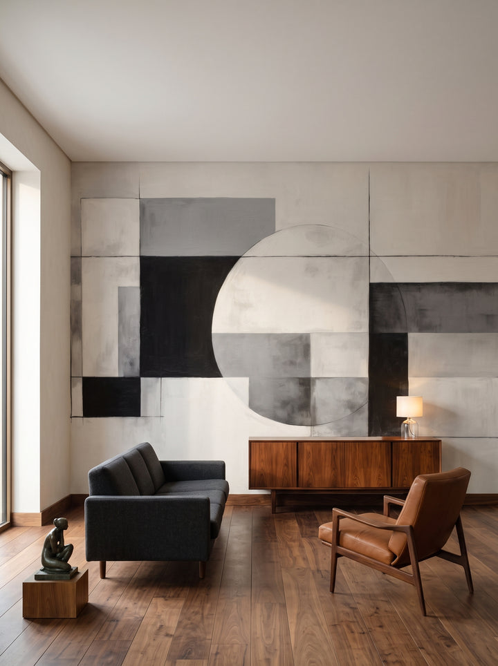 Fototapeta artystyczna o nazwie Geometric Harmony #3 w aranżacji wnętrza: salon kolekcjonera w stylu mid-century.