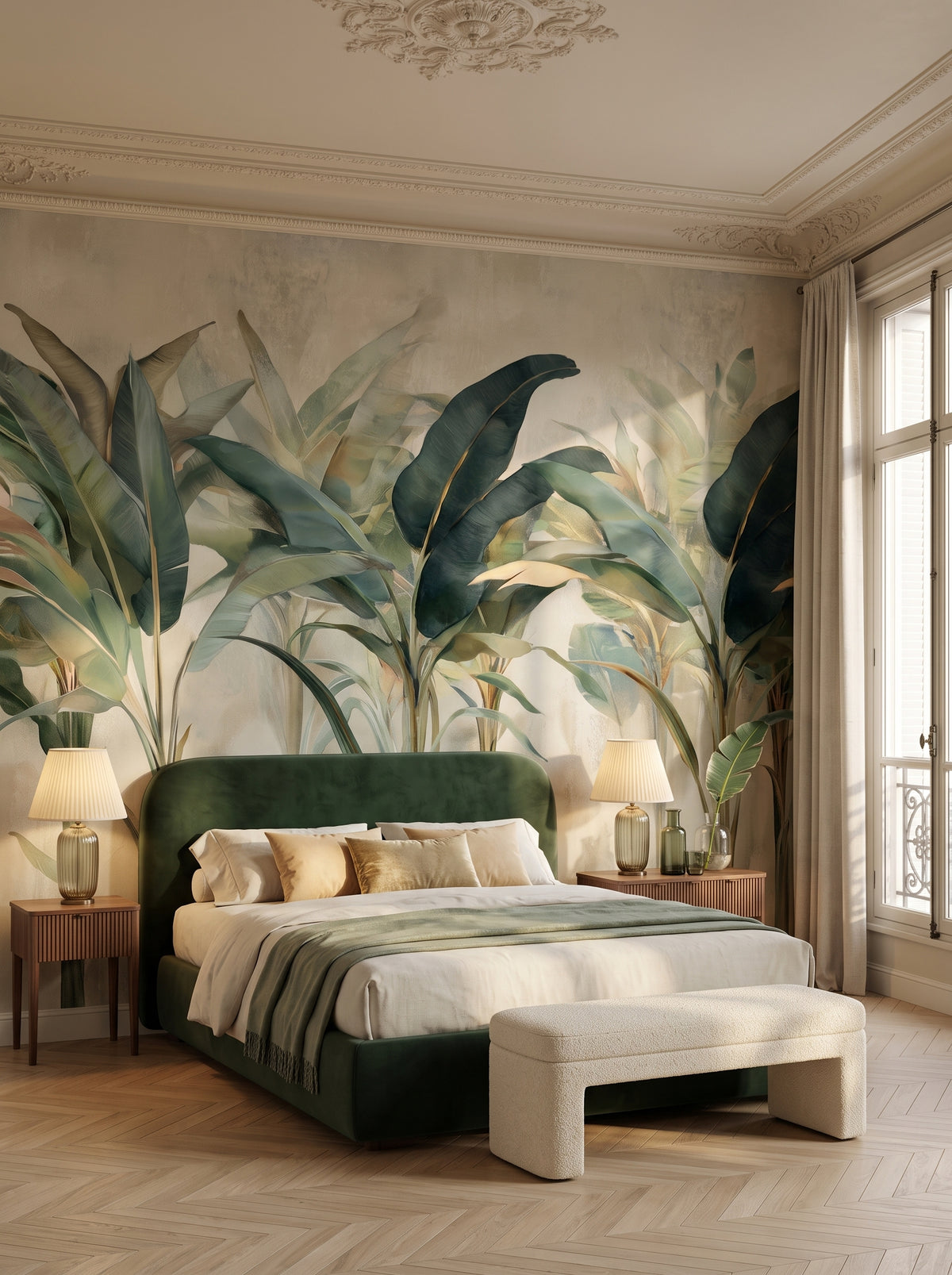 Fototapeta artystyczna o nazwie BOTANICAL SERENITY w aranżacji wnętrza: sypialnia w paryskim apartamencie.